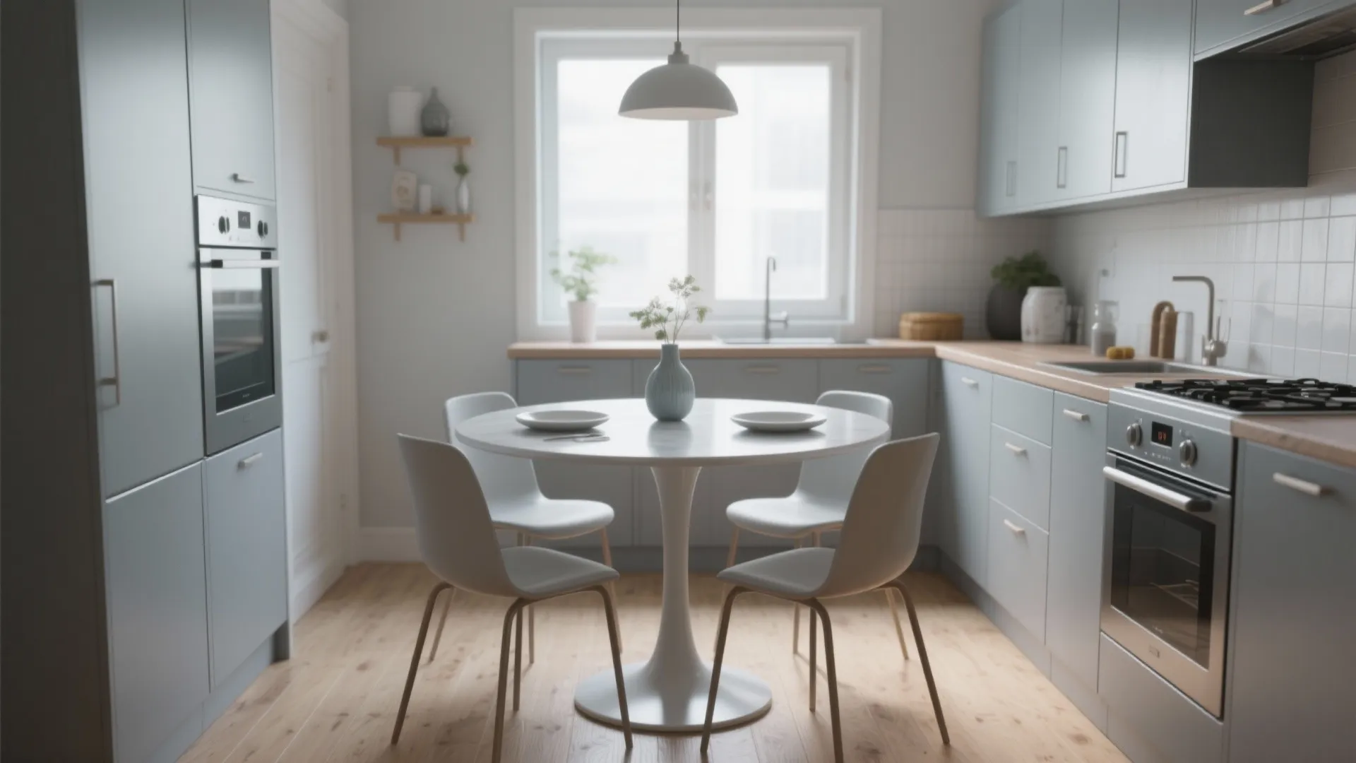 Modern kitchen with blue cabinets white round dining table four chairs and white ceiling light