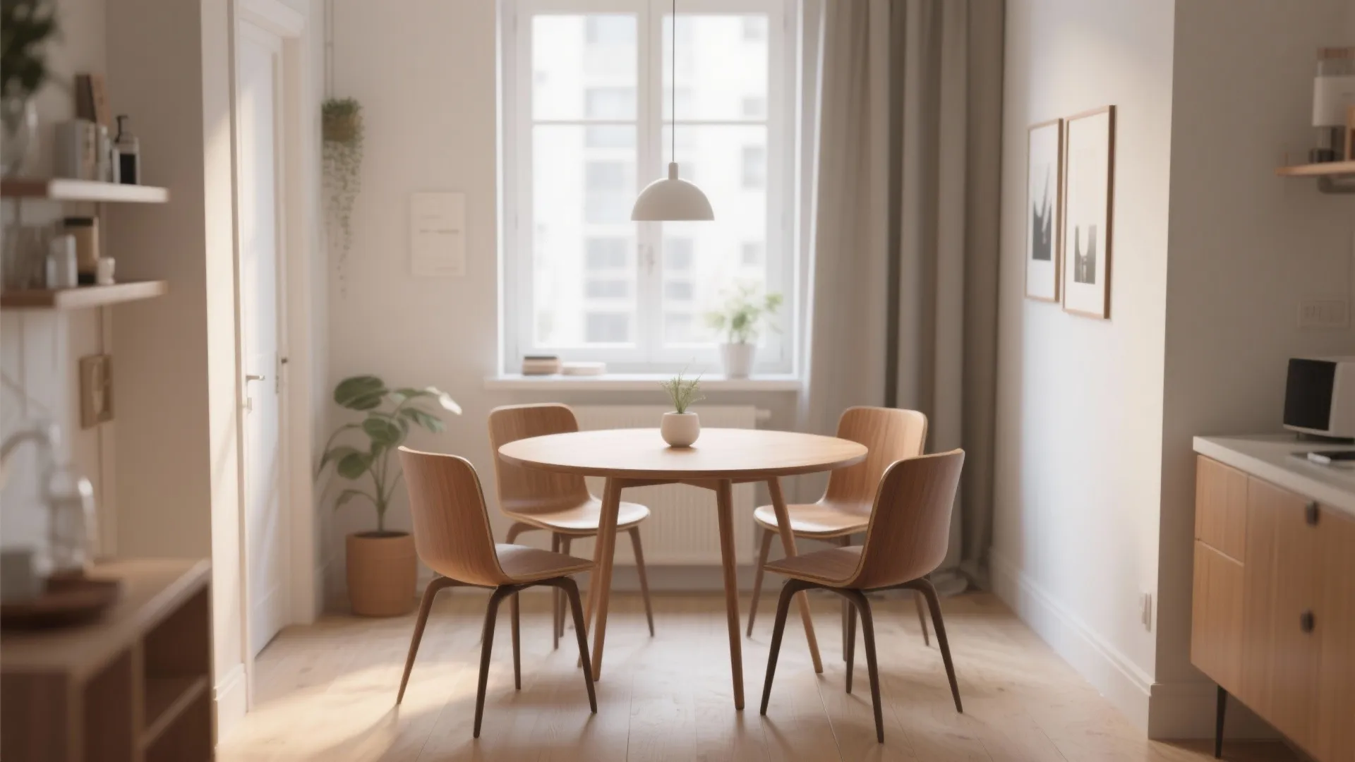Round wooden dining table enhancing flow in a small apartment