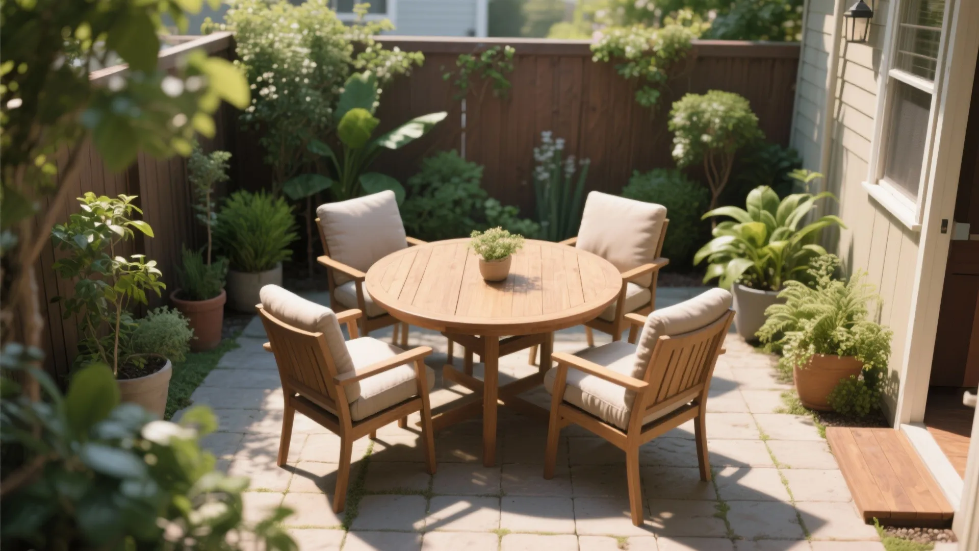 Round wooden table with four chairs on patio surrounded by green plants and a fence