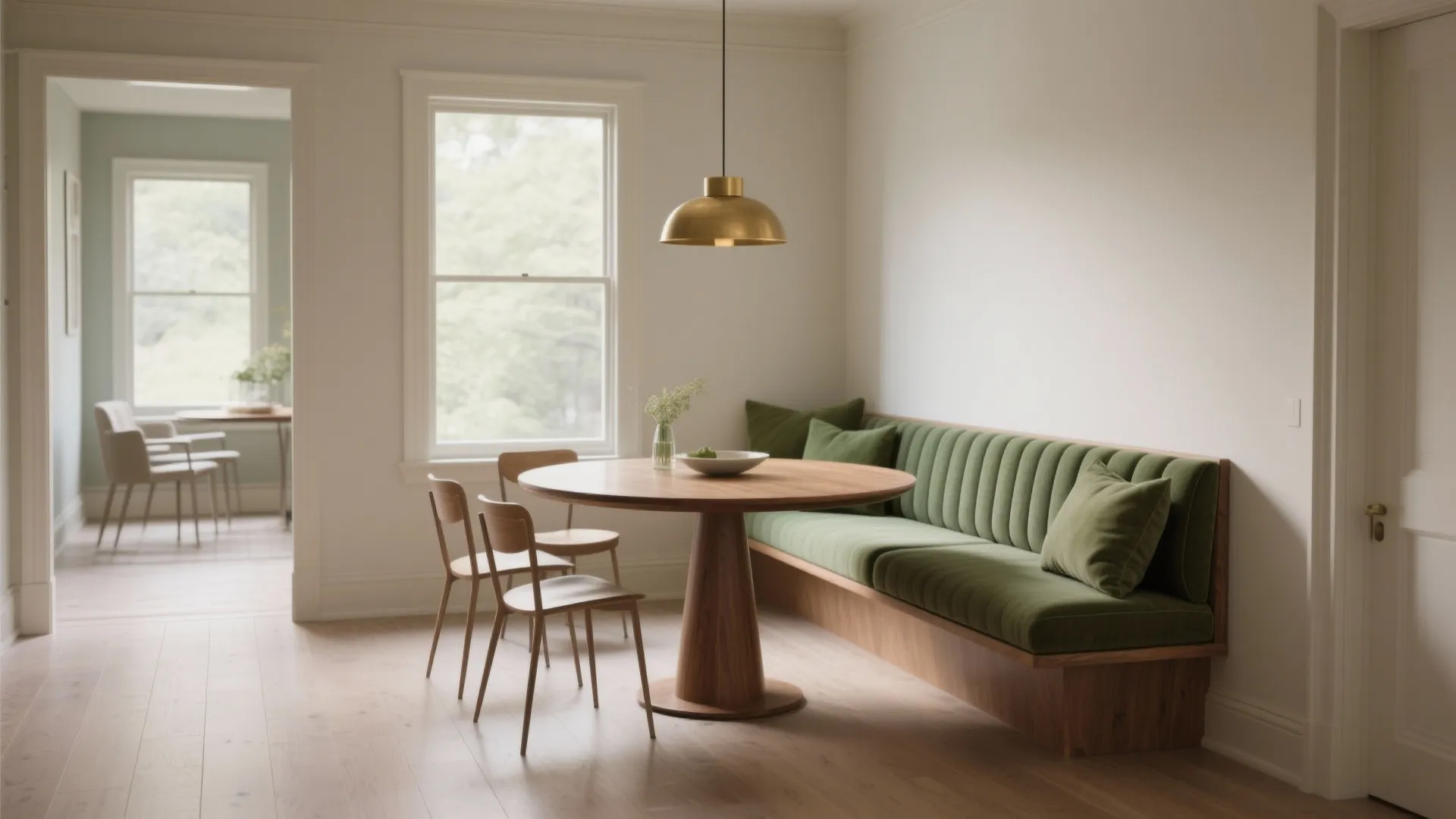 Cozy dining nook with green wall panel bench round wooden table gold ceiling light and windows