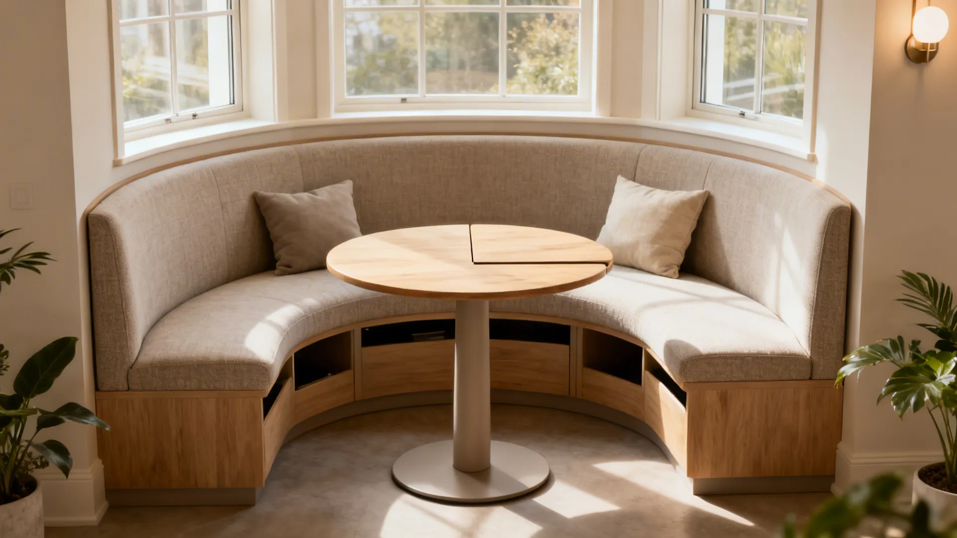 Extendable round pedestal table with a curved banquette in a bright bay-window nook.