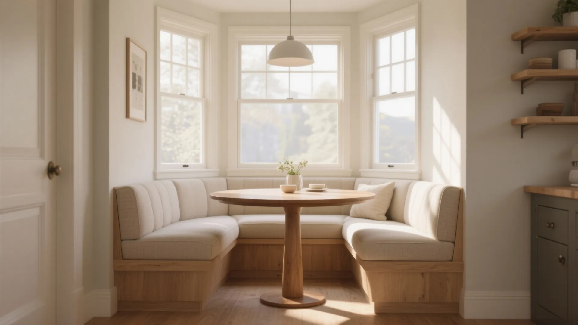 Cozy breakfast nook with a round wooden table cream colored bench seating and large windows
