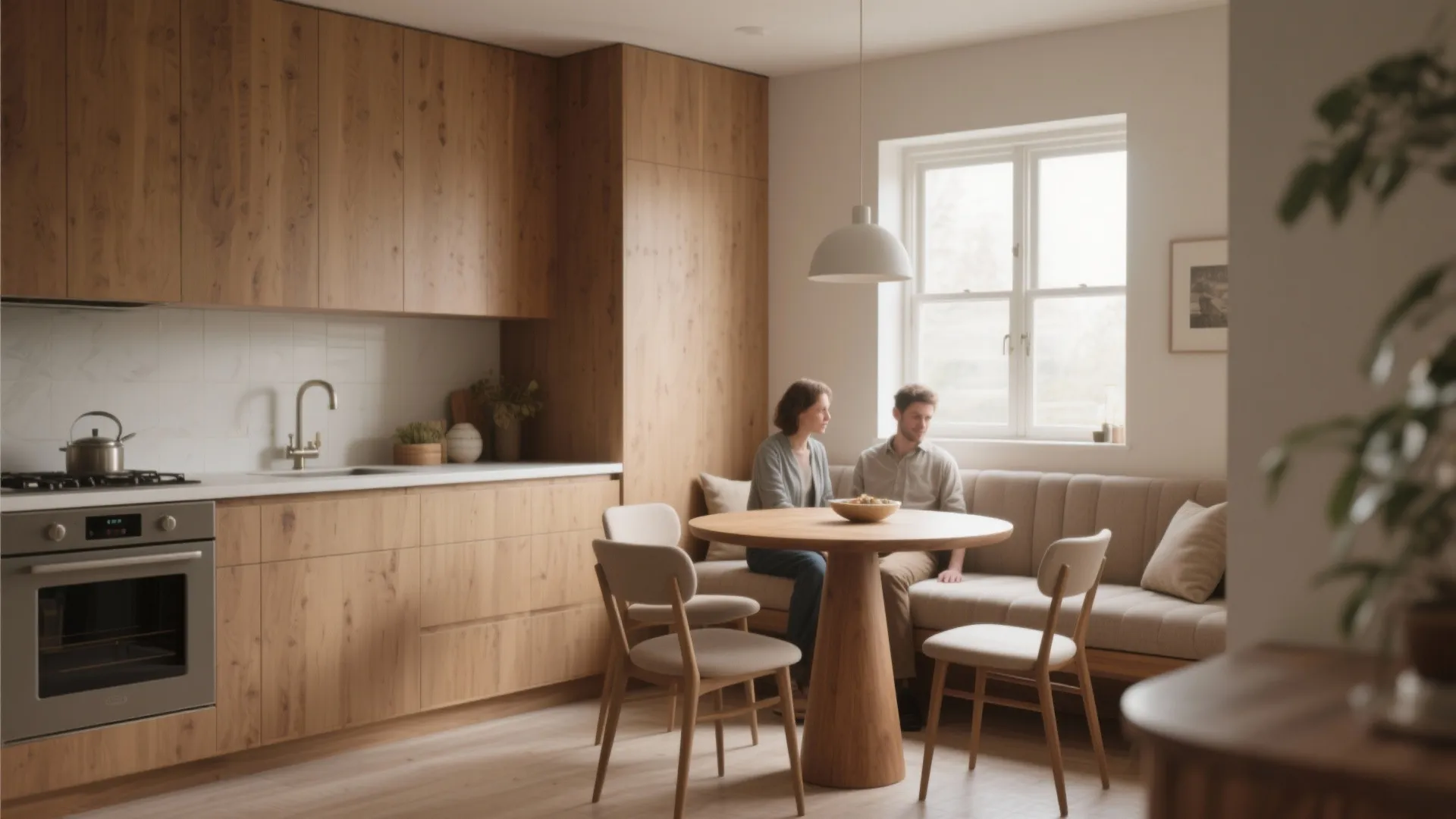 2. Mix a small round table with a bench