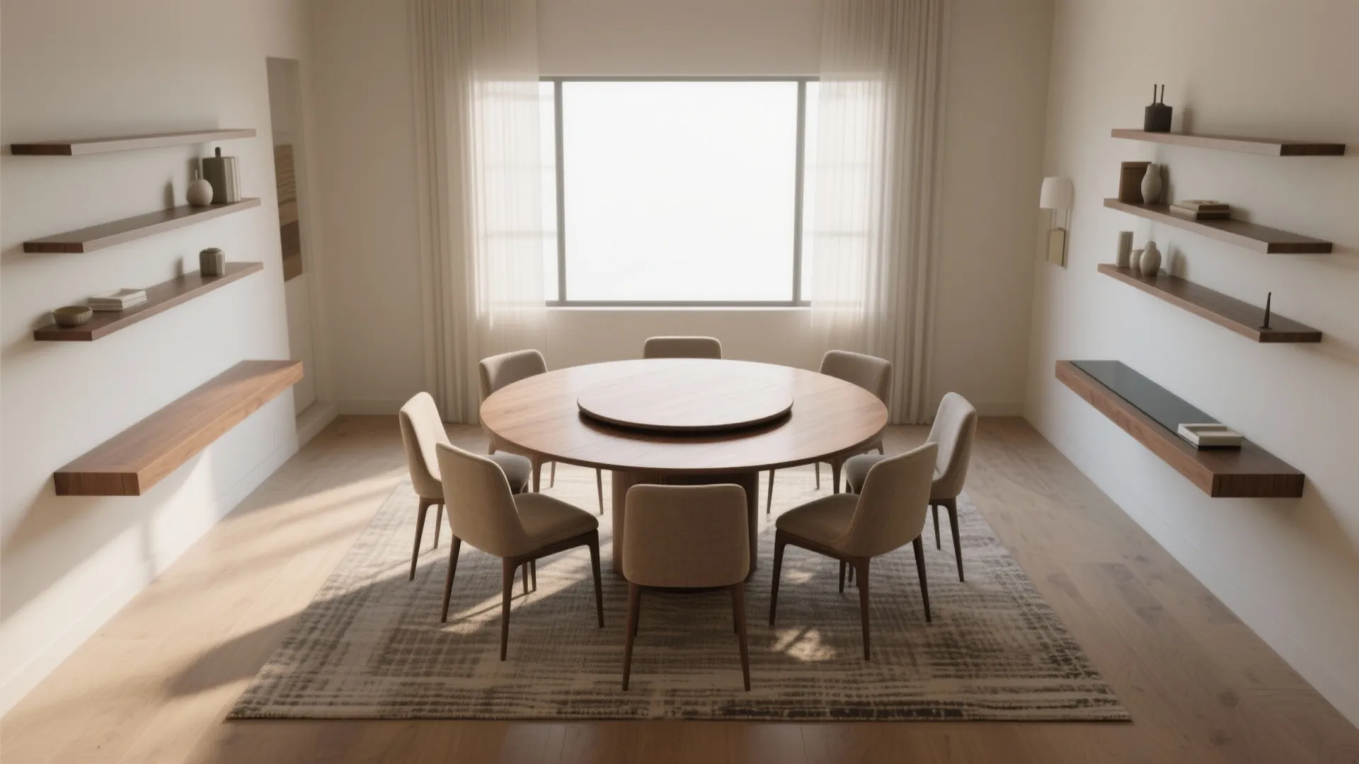 Round wooden dining table with chairs on rug, floating wall shelves, and large curtained window
