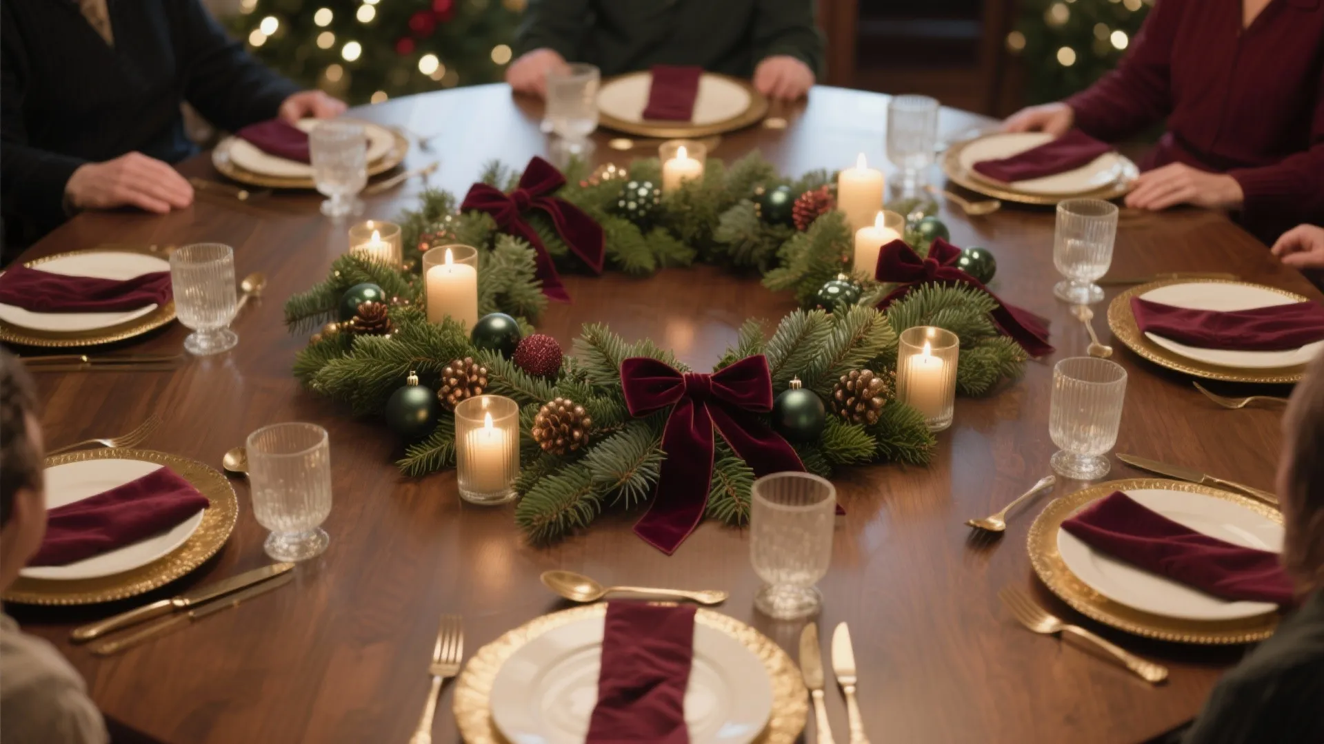 Round wooden dining table decorated with a green Christmas wreath burning candles and red napkins