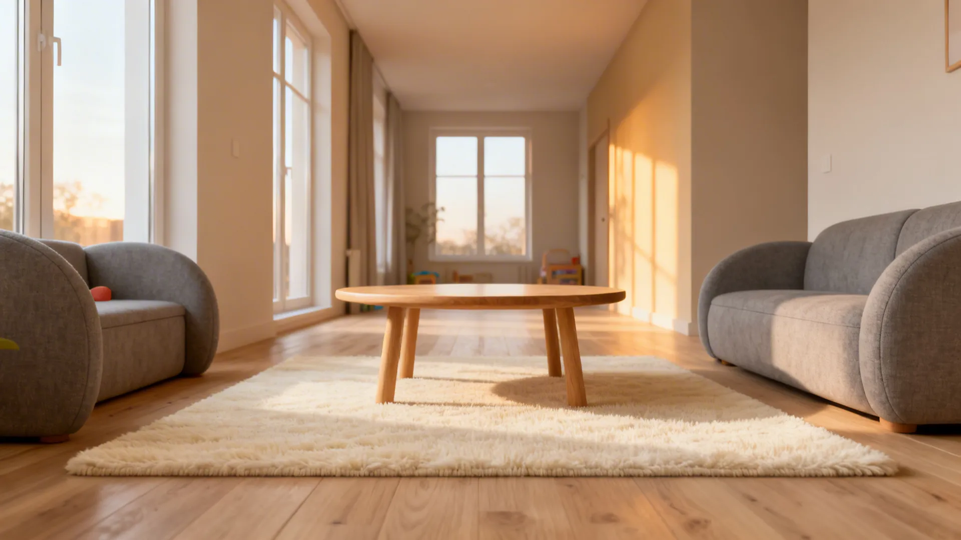 Narrow living room with a 90cm round table and clear walking paths