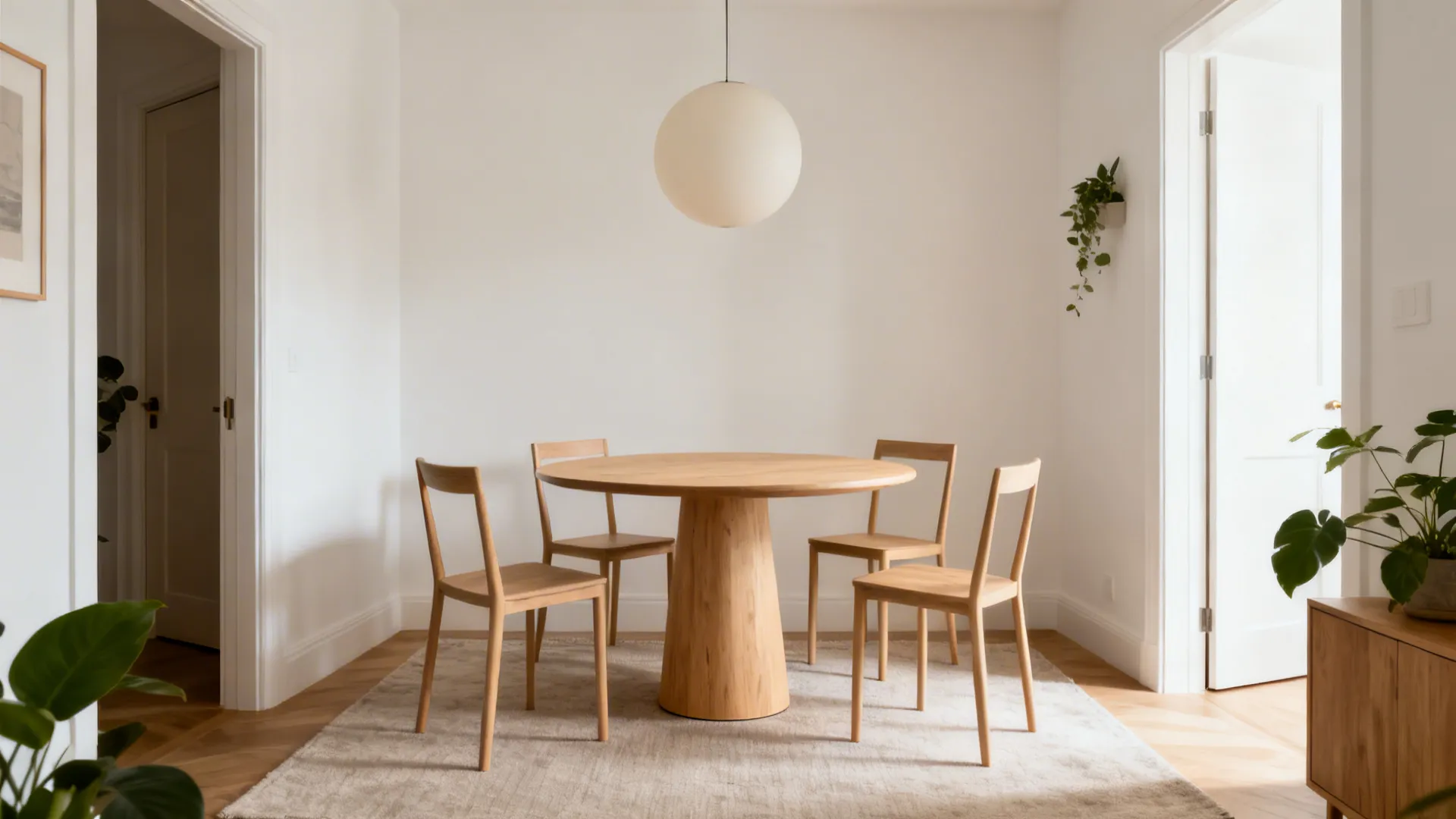 Bright dining area with round wood table, four chairs, rug, white globe ceiling light, plants