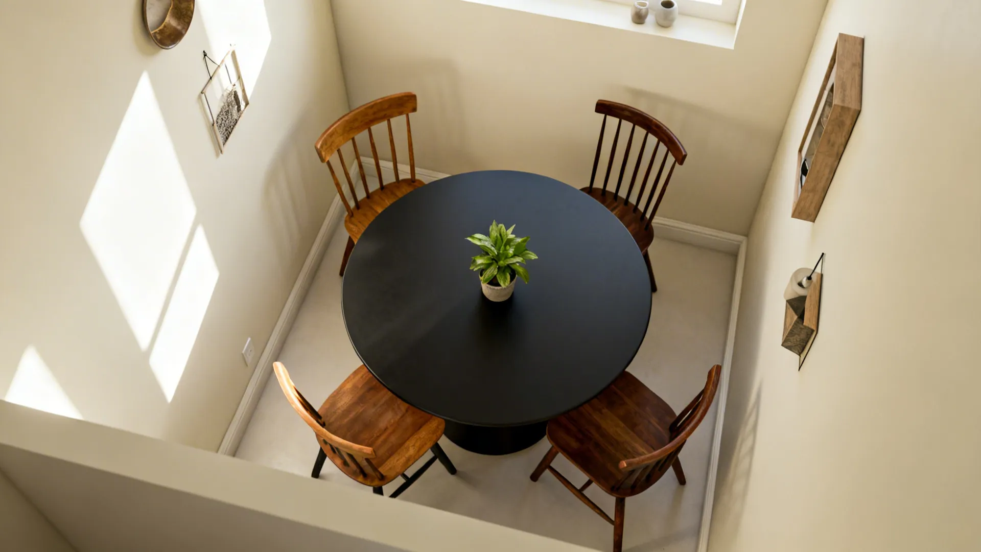 Top view of black round dining table with four wooden chairs and small green plant