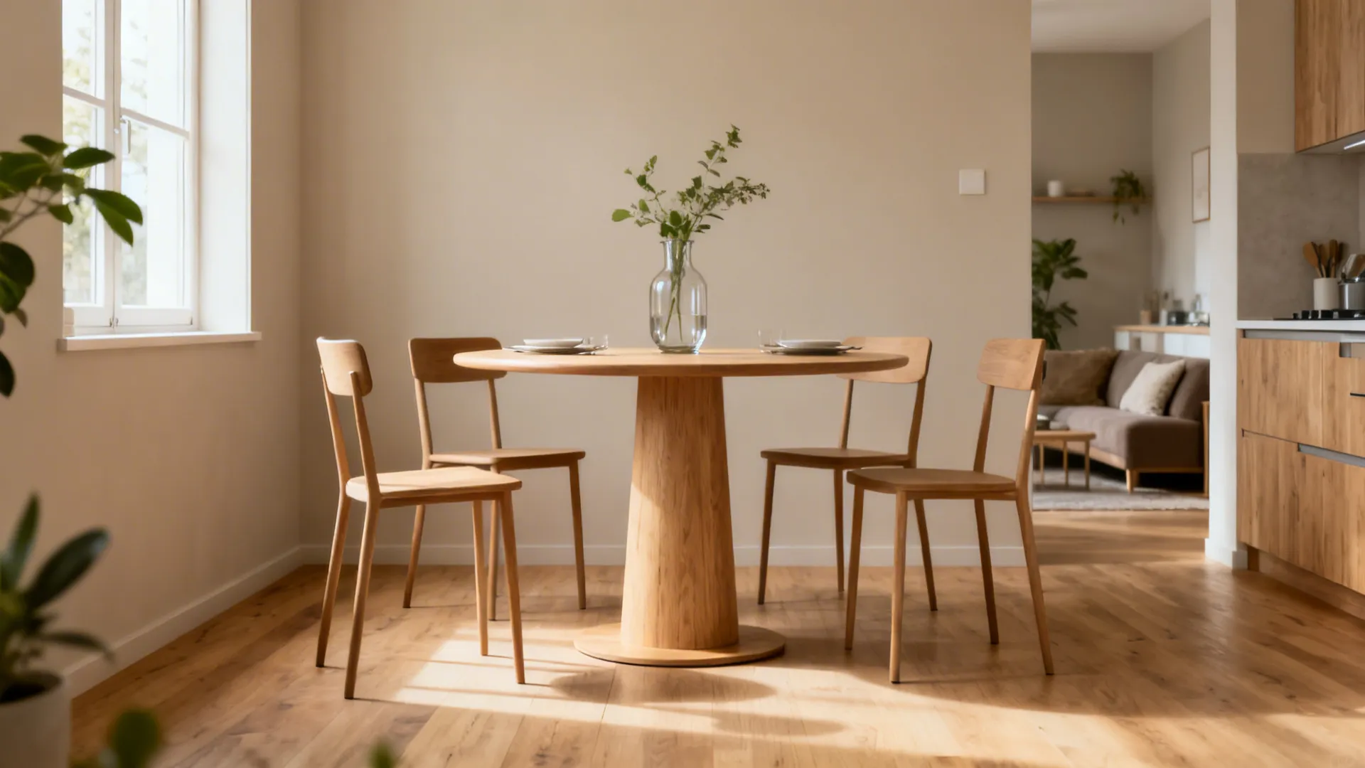 Round wooden dining table with four matching chairs and green plants in a sunlit room