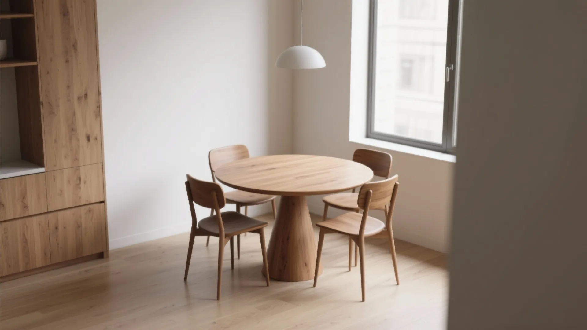 Modern round wooden dining table with four matching chairs and a white ceiling light fixture