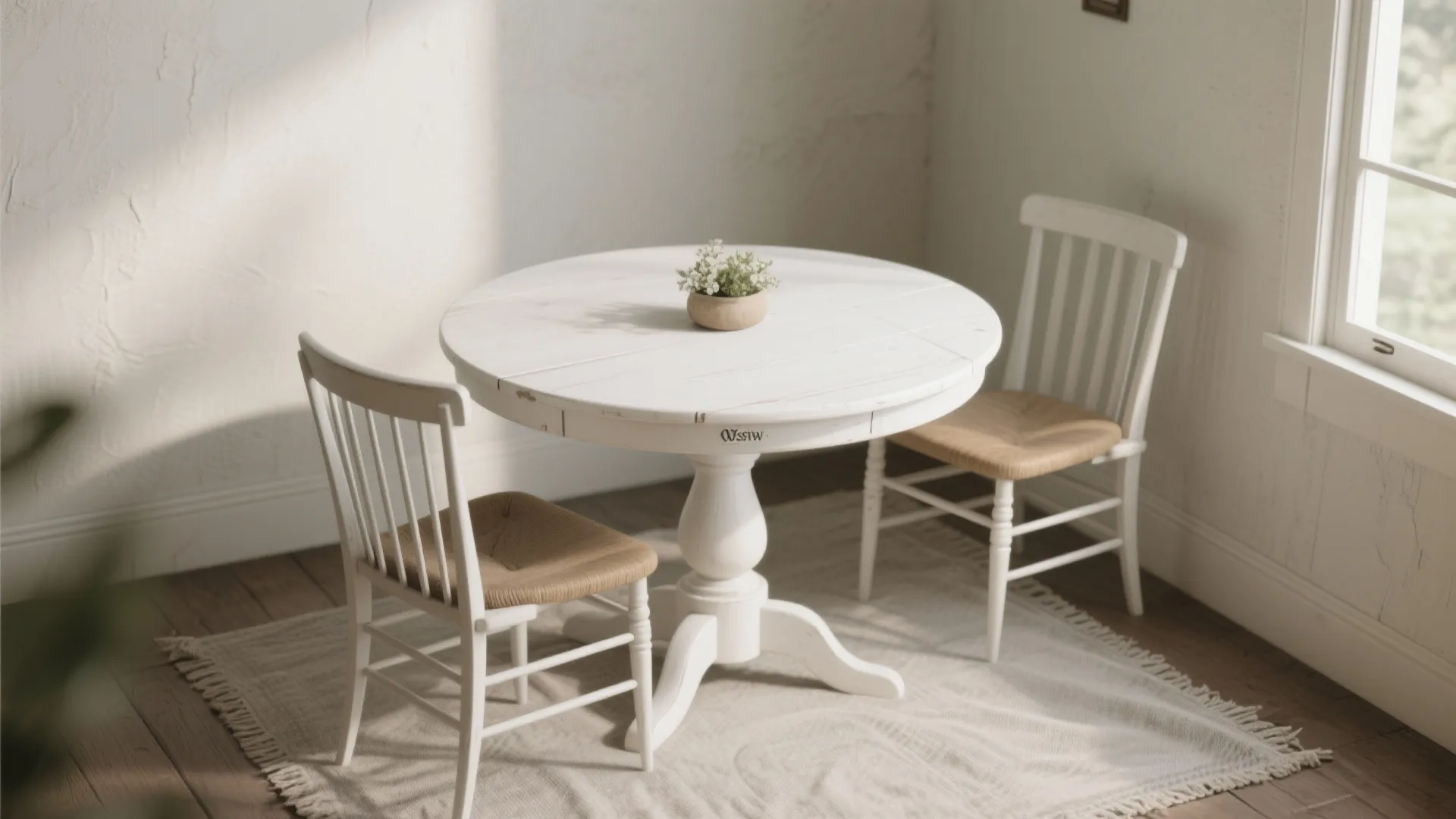 Compact round white farmhouse table in a tight corner with two chairs and a small centerpiece.