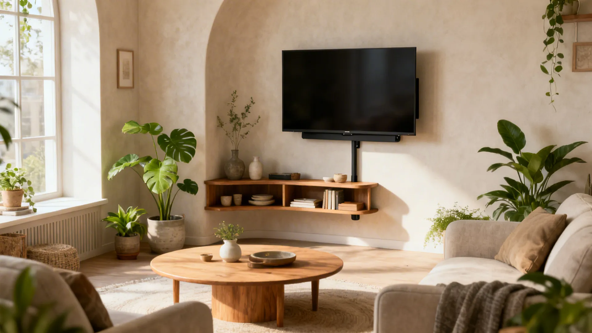 Studio living room with a round coffee table and a compact corner TV stand doubling as display shelving.