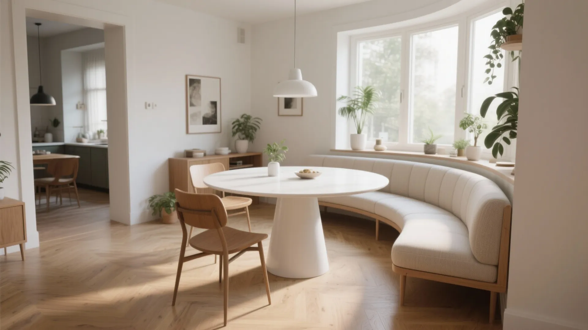 Round white dining table paired with a curved bench in an open-plan compact dining area, soft natural light.