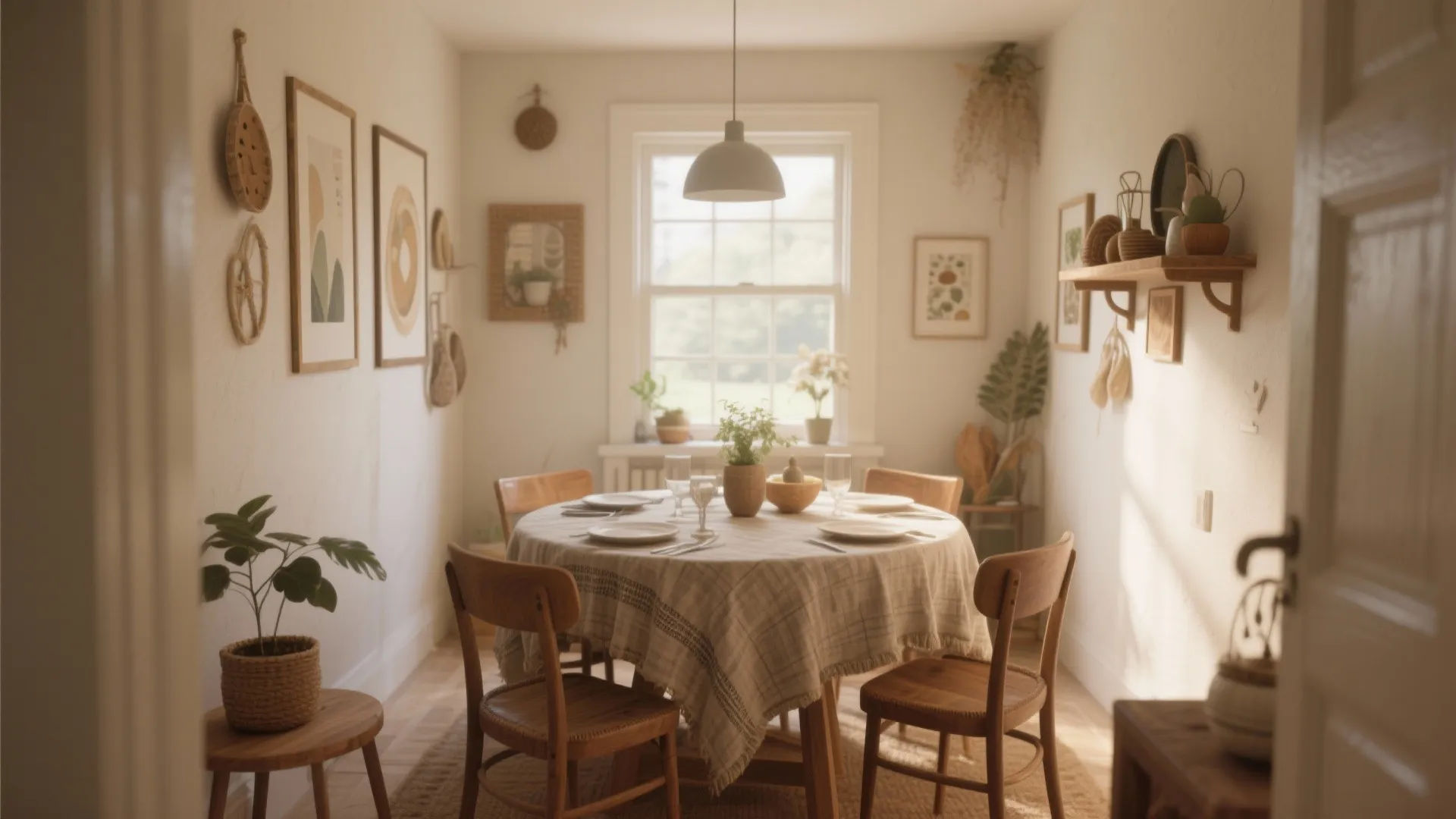 Cozy dining area with wooden table beige tablecloth framed wall art and bright window view