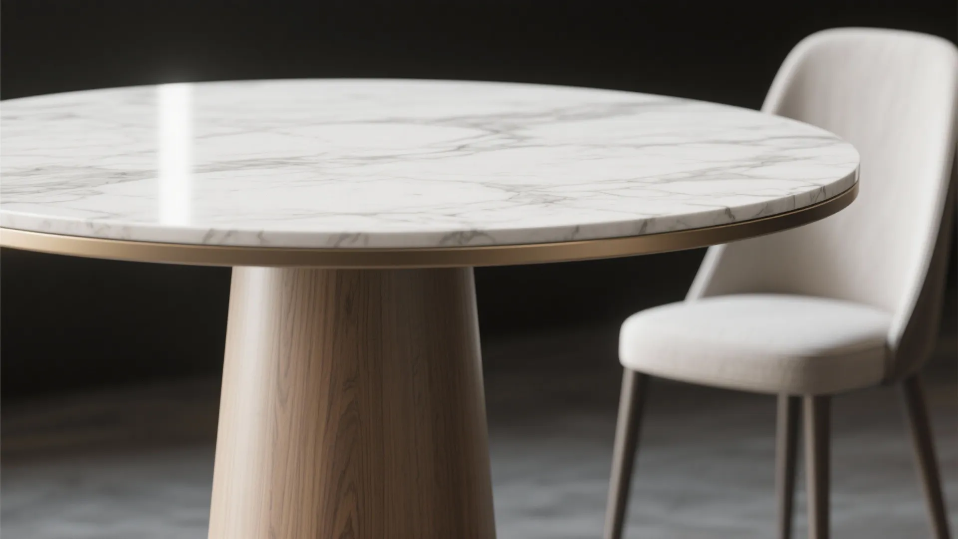 Close up of round white marble dining table with gold edge wooden base and simple chair