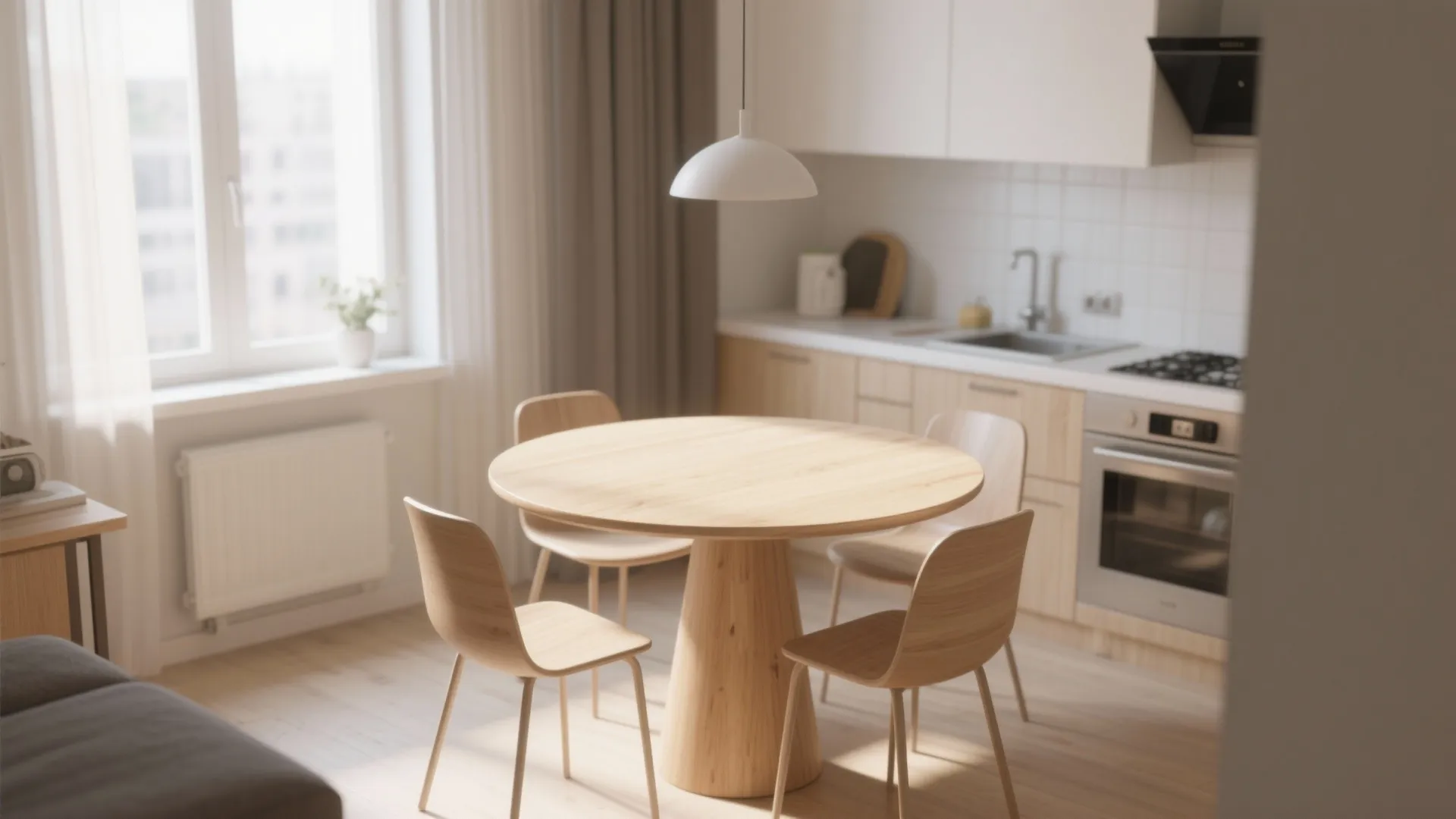 Small dining room with a round wood table and slim chairs