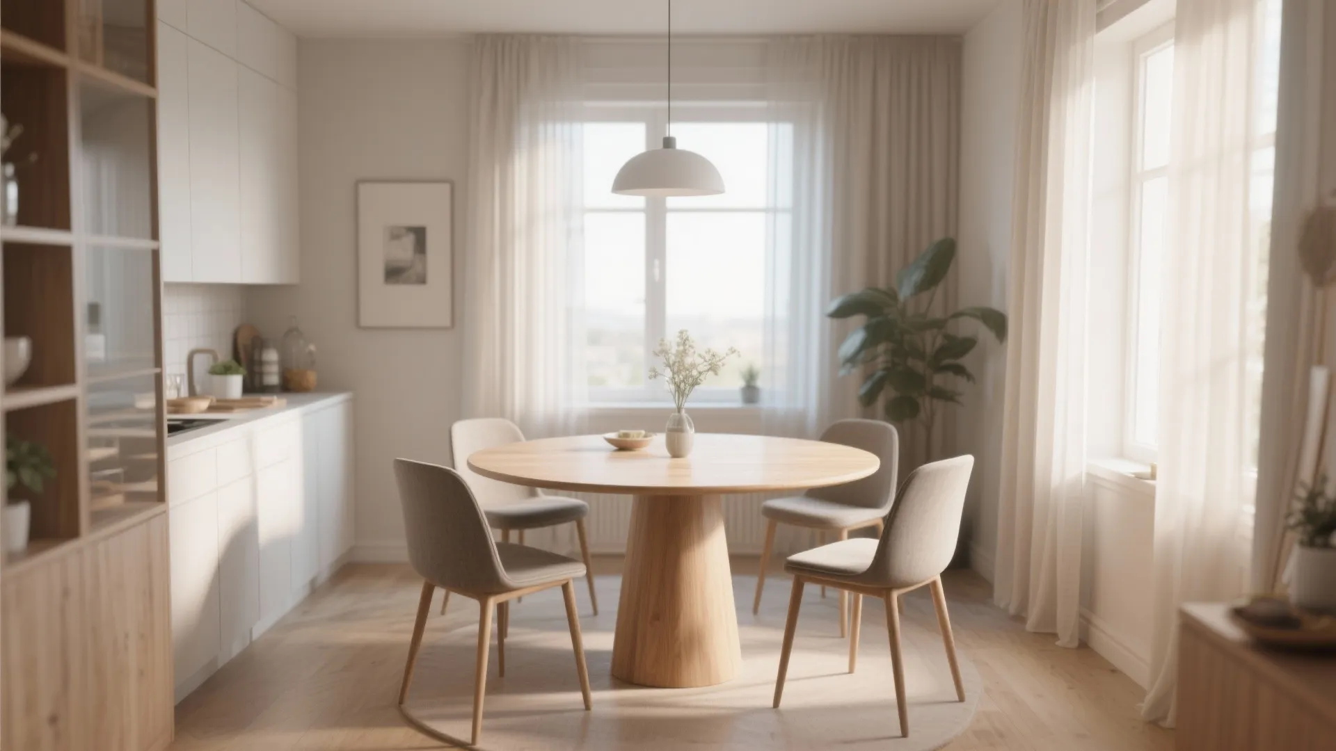 Minimalist dining room featuring round wooden table four grey chairs white ceiling light and sunlight