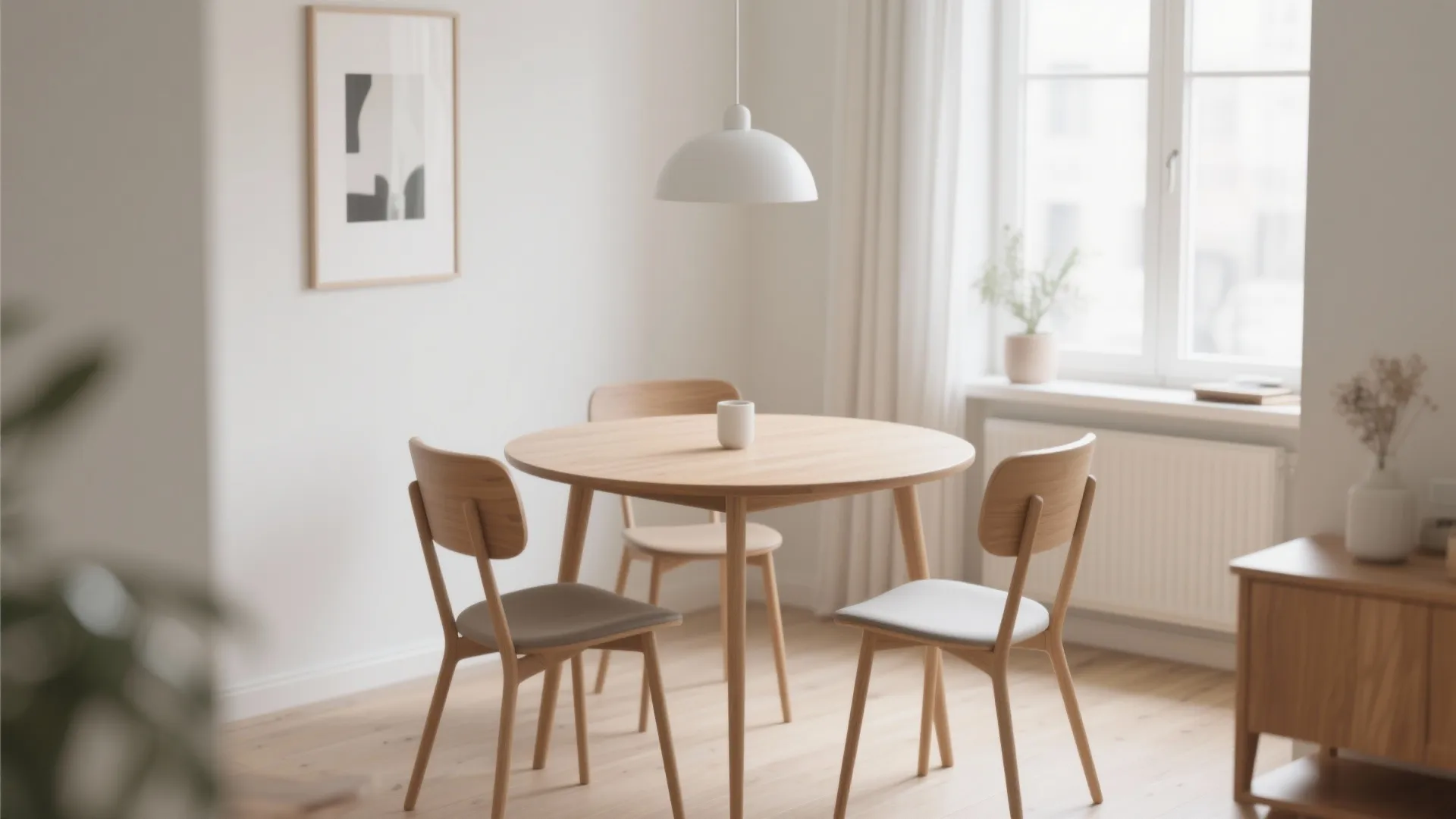 Small dining room with a round wooden table and modern chairs