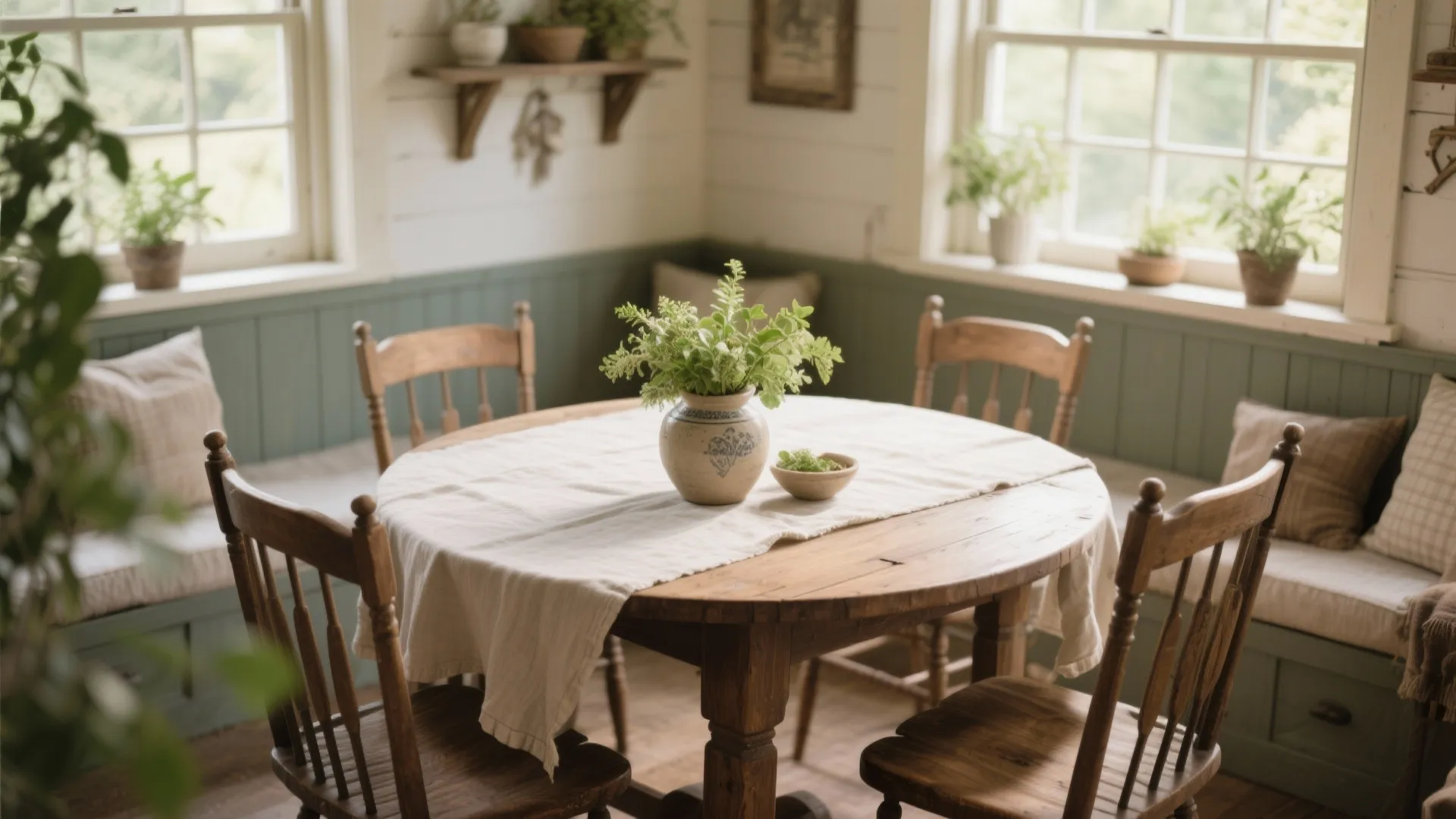 Small farmhouse nook with a round wooden dining table