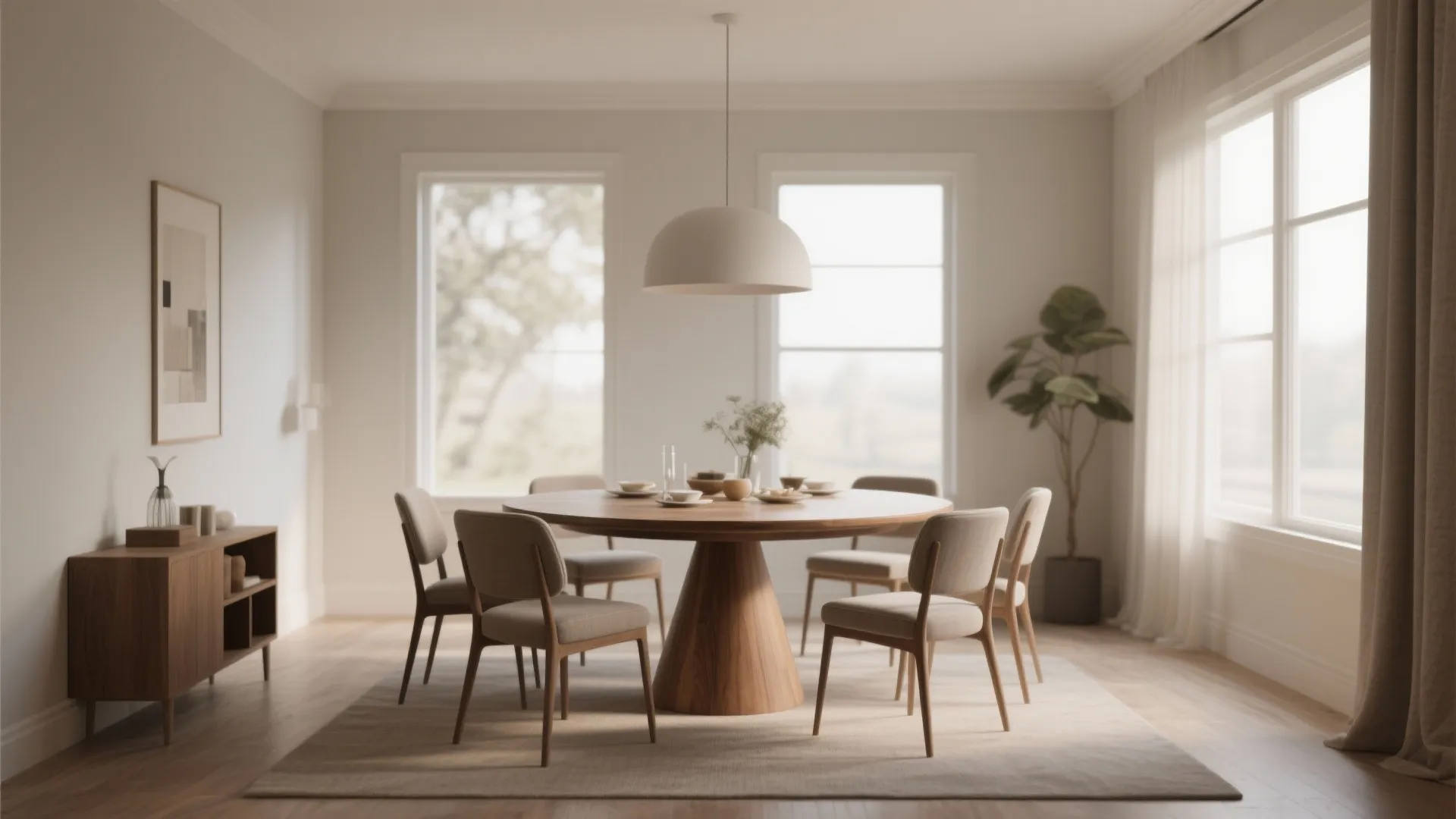 Modern minimal dining room with wooden round table grey chairs ceiling light and wood cabinet