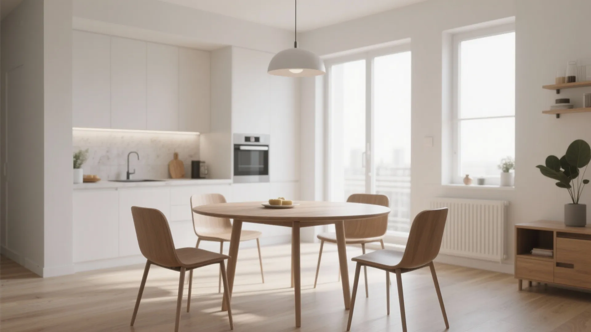 Modern white kitchen and dining area with round wooden table four chairs and ceiling light
