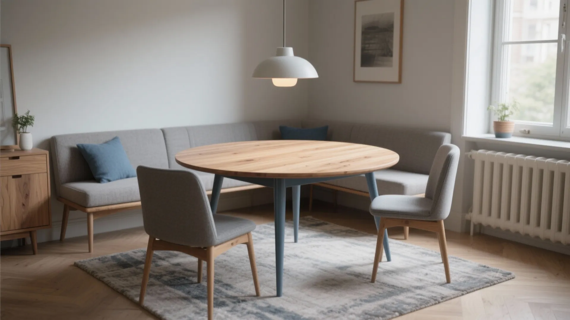 Modern dining area with round wooden table, grey corner sofa, two chairs, and ceiling light