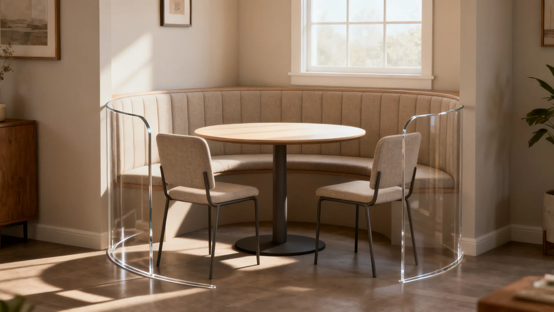 Corner dining area with curved bench seating round wood table two chairs and glass panels