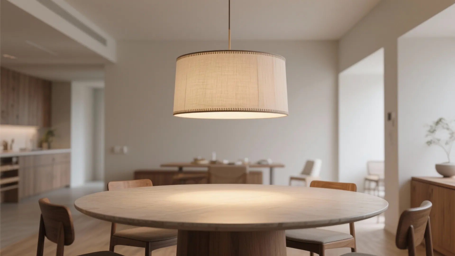 Centered fabric drum pendant over a round dining table casting an even, cozy glow.