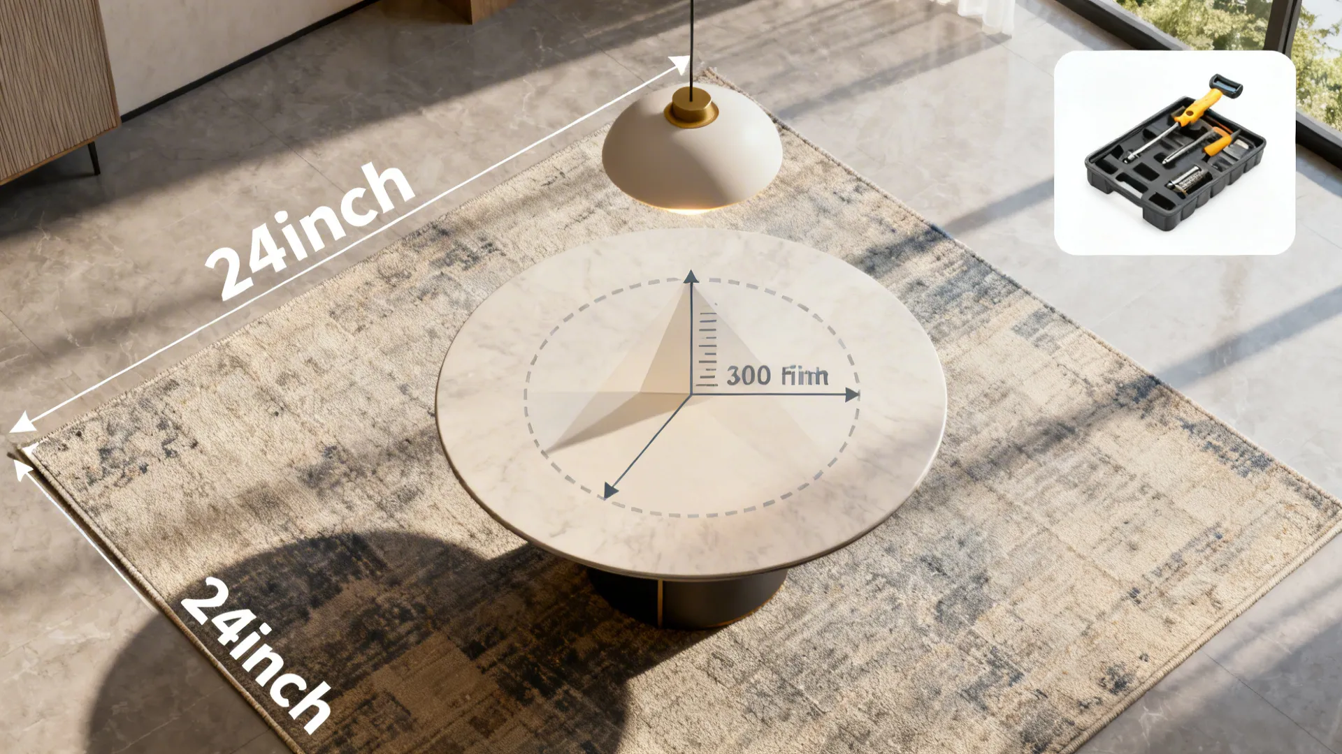Visual tips: rug size, centerpiece height, and light-centering tools for round tables.