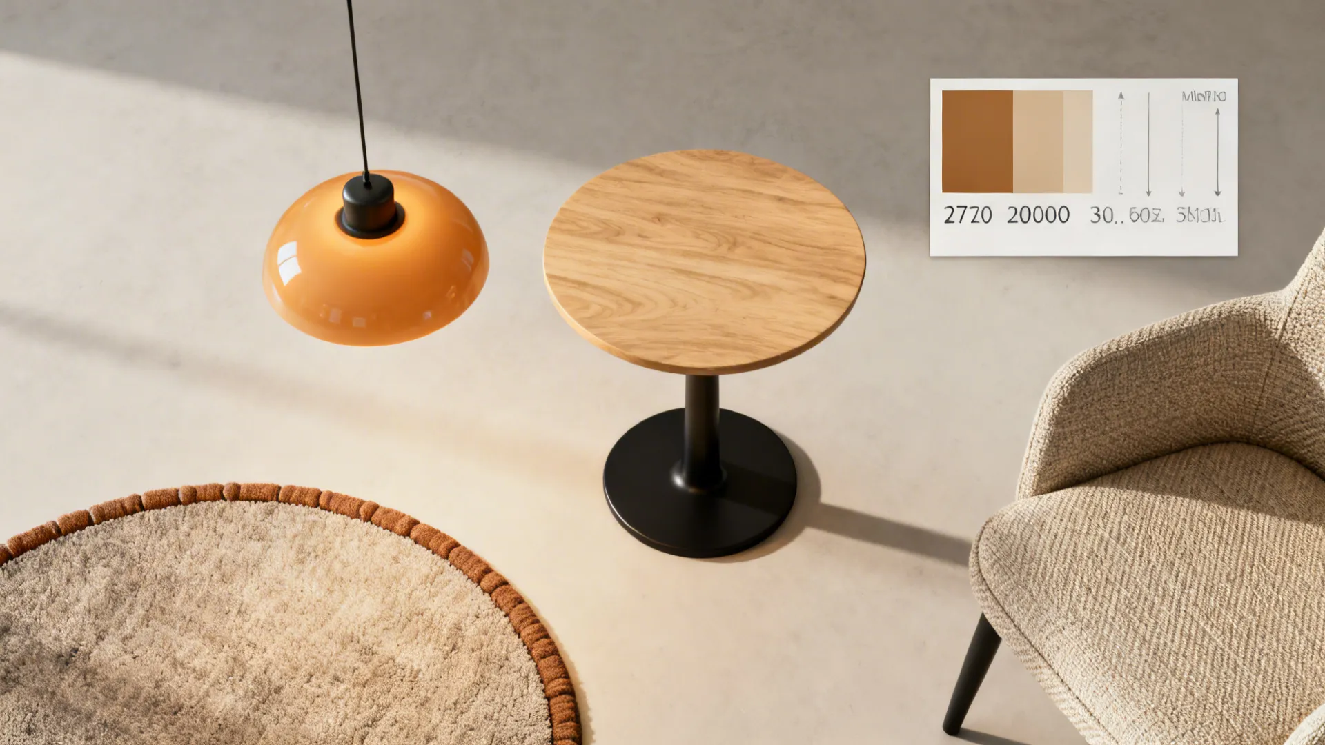 Flat lay of pendant, round tabletop, pedestal base, rug, and chair fabric for a cozy corner table.