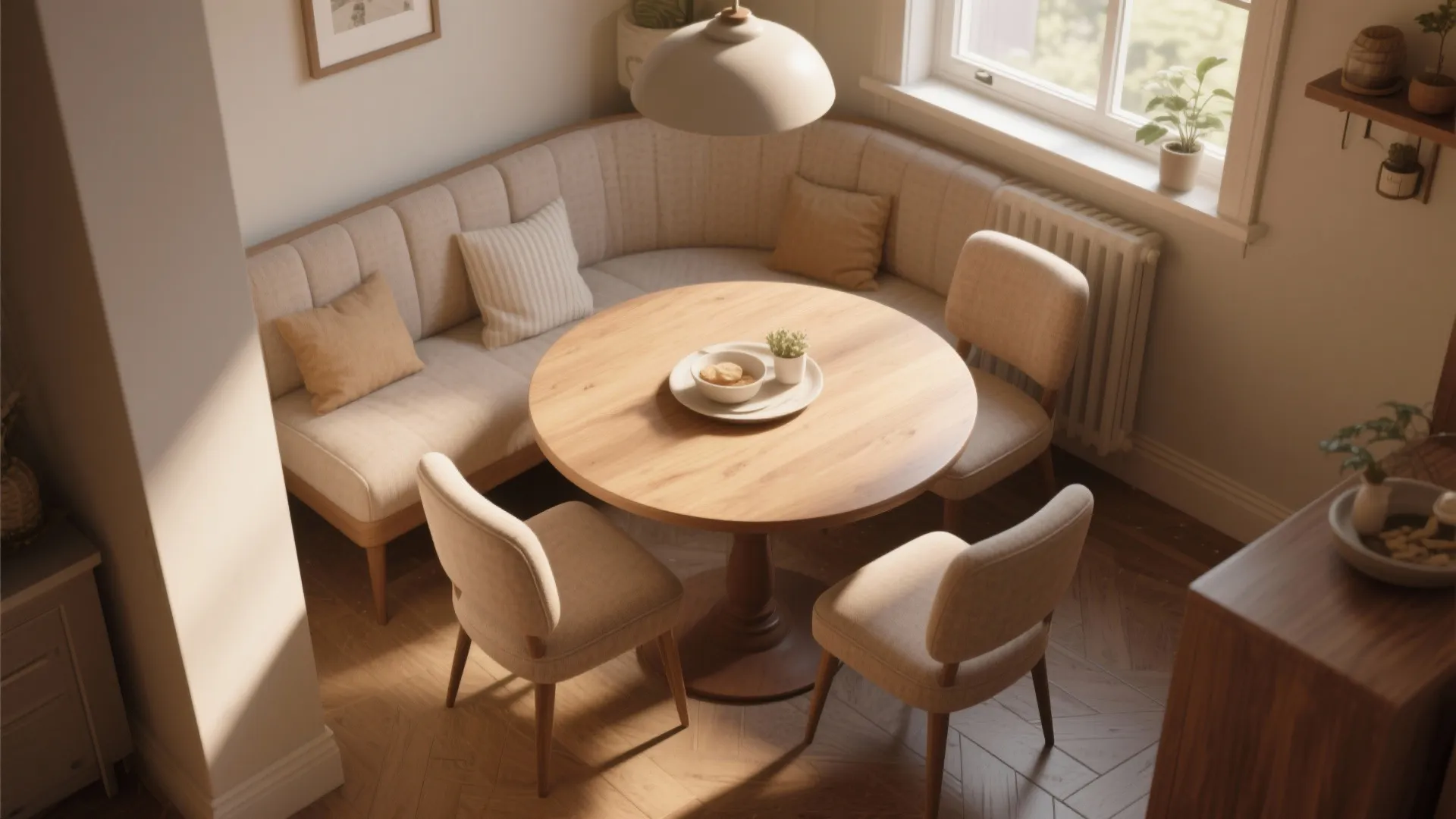 Small round wooden dining table with corner sofa seating three chairs and a ceiling light