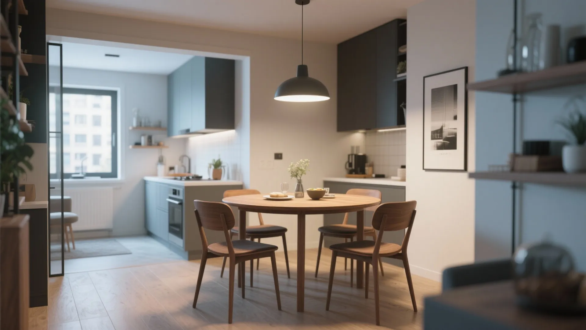 Modern open kitchen and dining area with round wooden table four chairs and ceiling light