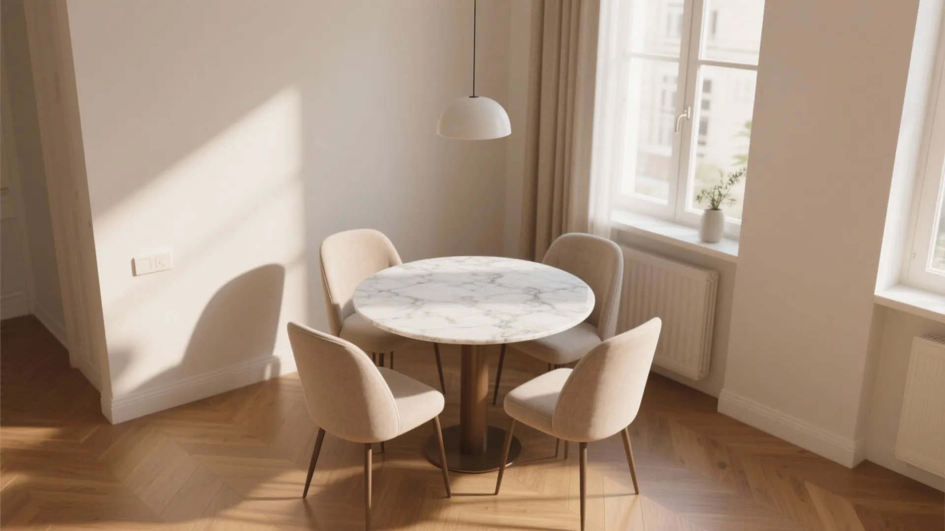 Modern round marble dining table with four beige chairs on wooden floor under white ceiling light