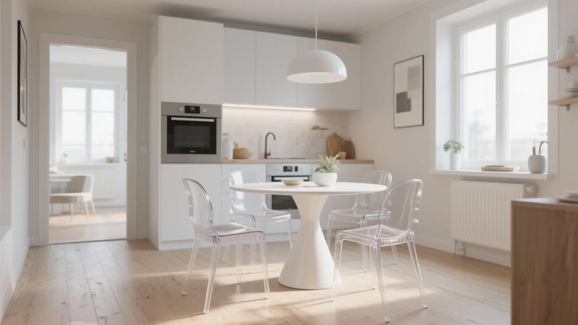 Round dining table with transparent chairs in small kitchen
