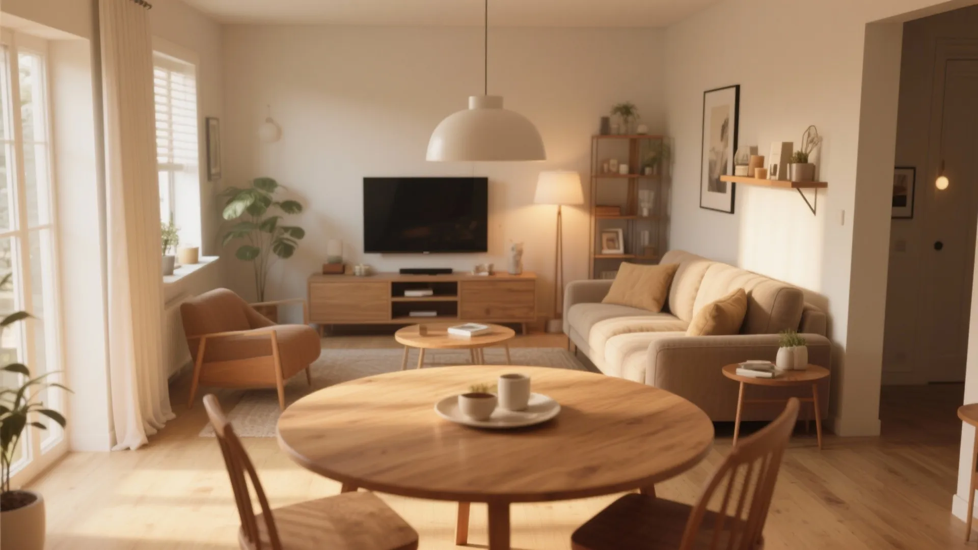 Warm living room with round wooden table beige sofa television cabinet white ceiling light and plants
