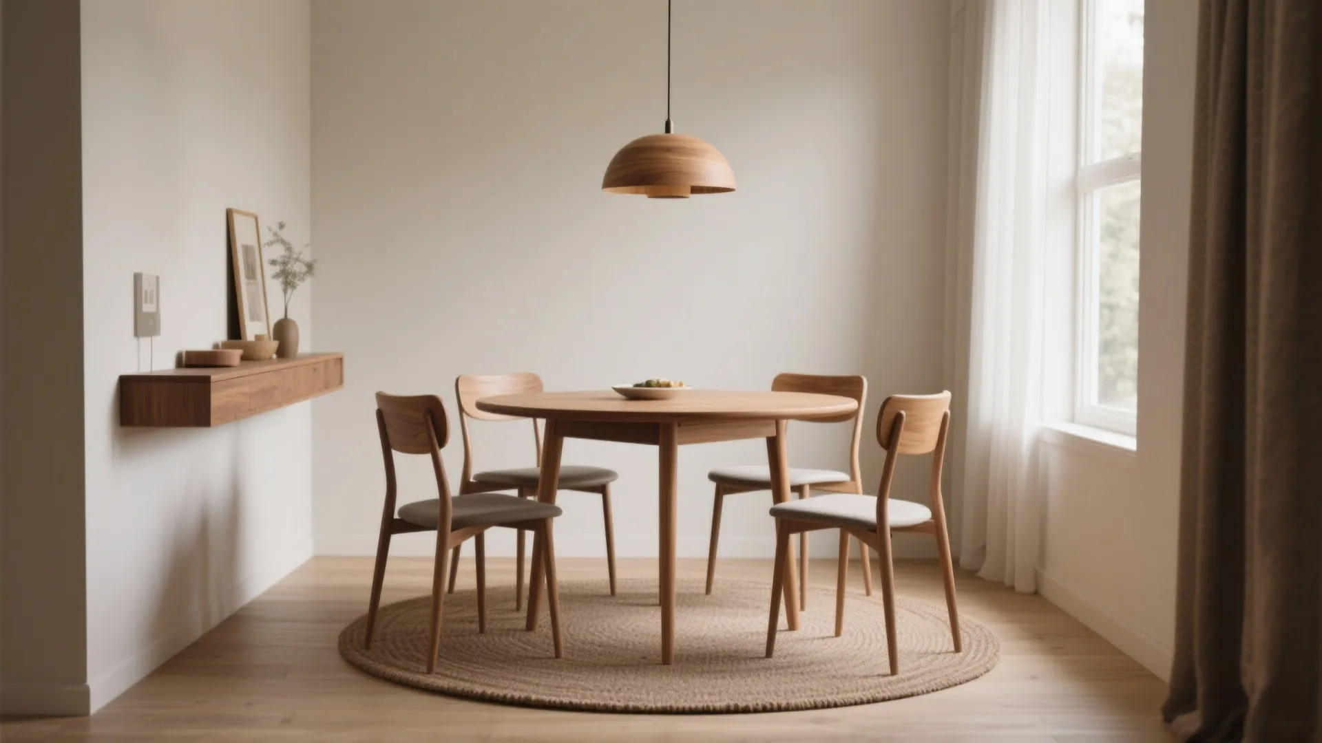 Minimalist dining room featuring a round wooden table four chairs round rug and ceiling light
