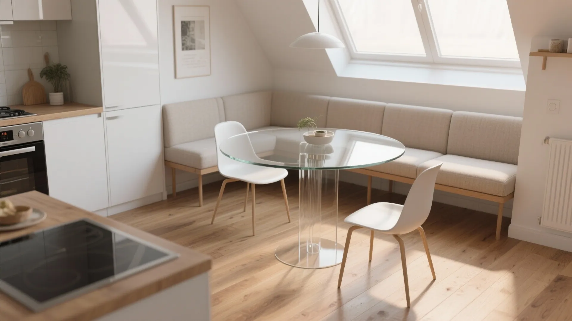 Modern kitchen with round glass dining table white chairs beige corner sofa and wooden floor