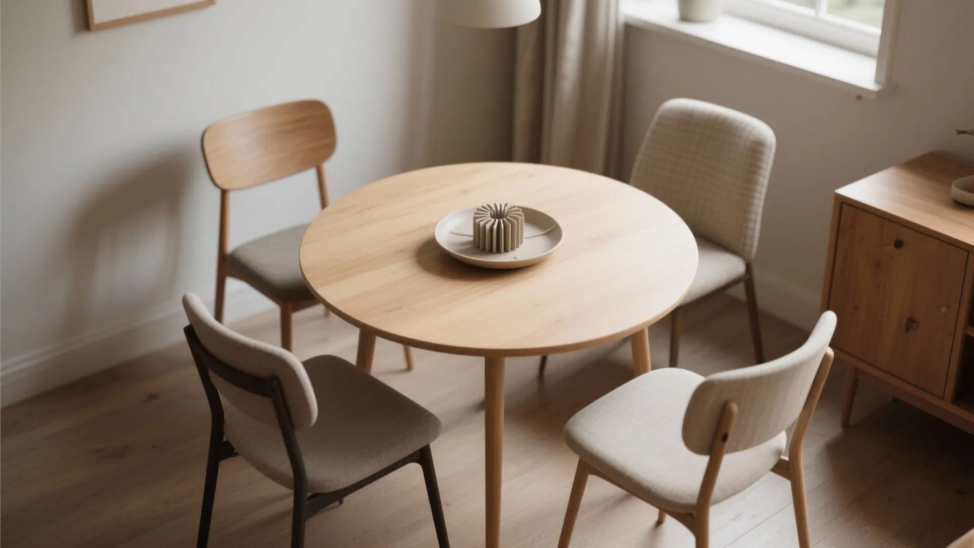 Small round dining table with chairs and a collapsible centerpiece to improve flow in a tiny room.