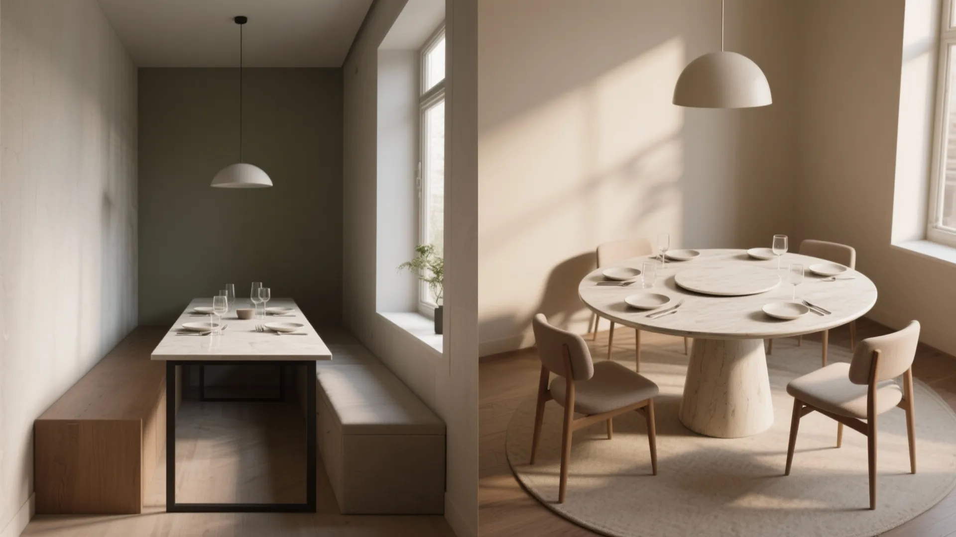 Comparison showing a narrow rectangular dining table versus a large round marble table with chairs