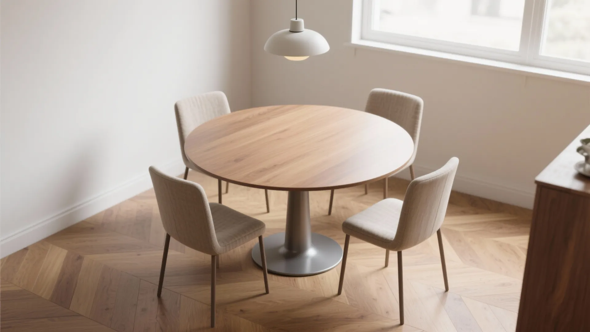 Modern round wooden dining table with four grey chairs and white ceiling light in room