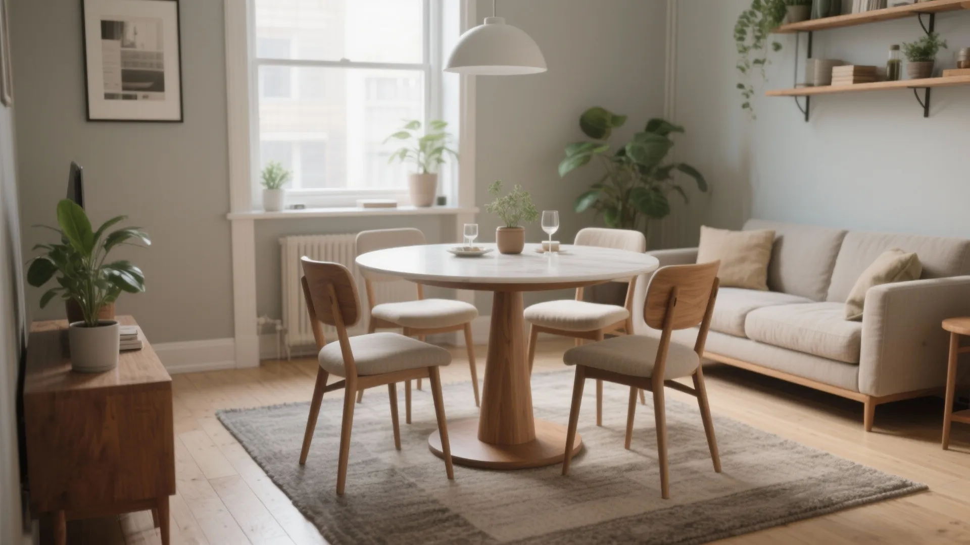 Bright dining room with a round wooden table four chairs a rug and grey sofa