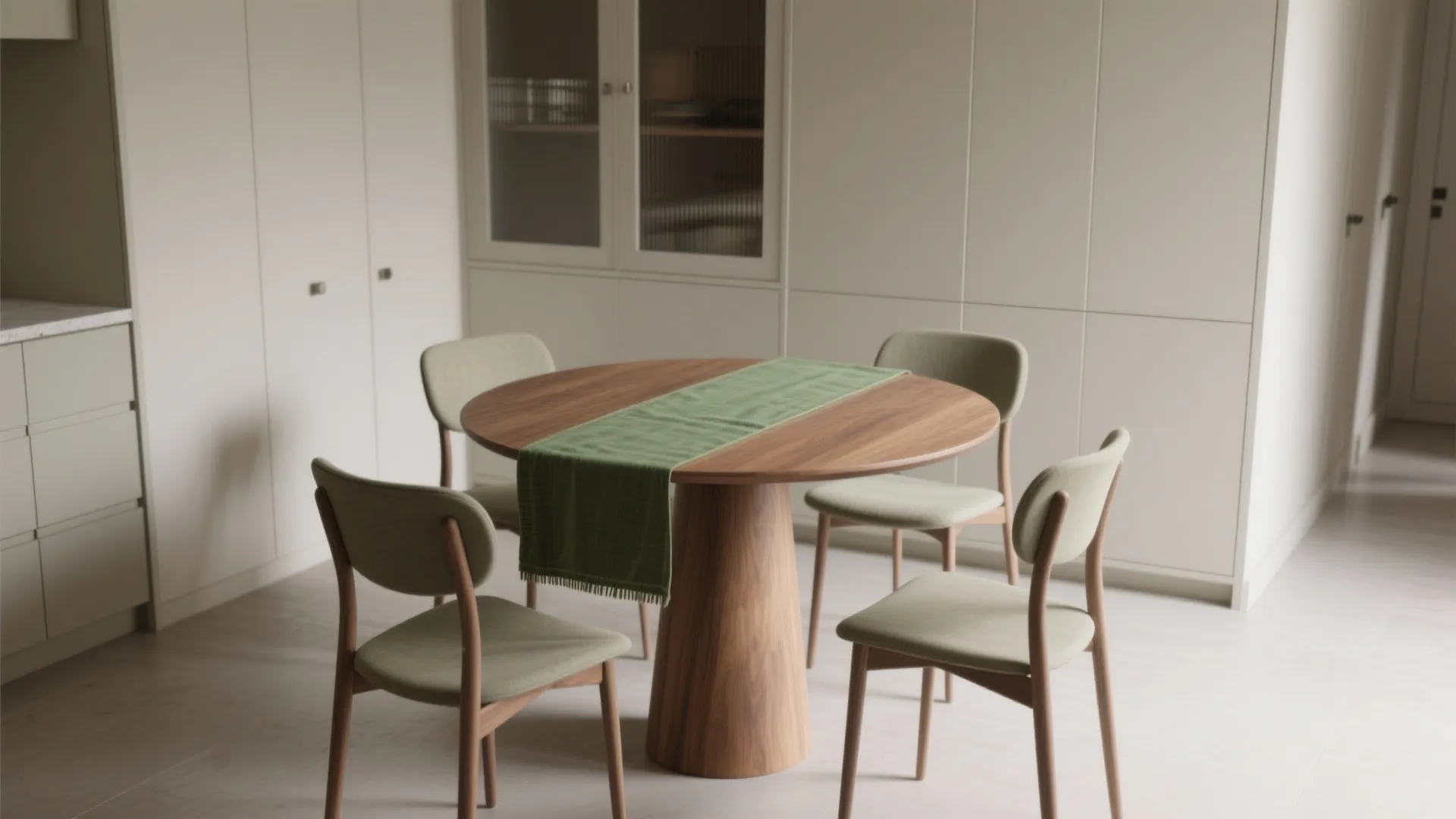 Small dining room with round pedestal table and slim curved chairs for better circulation.