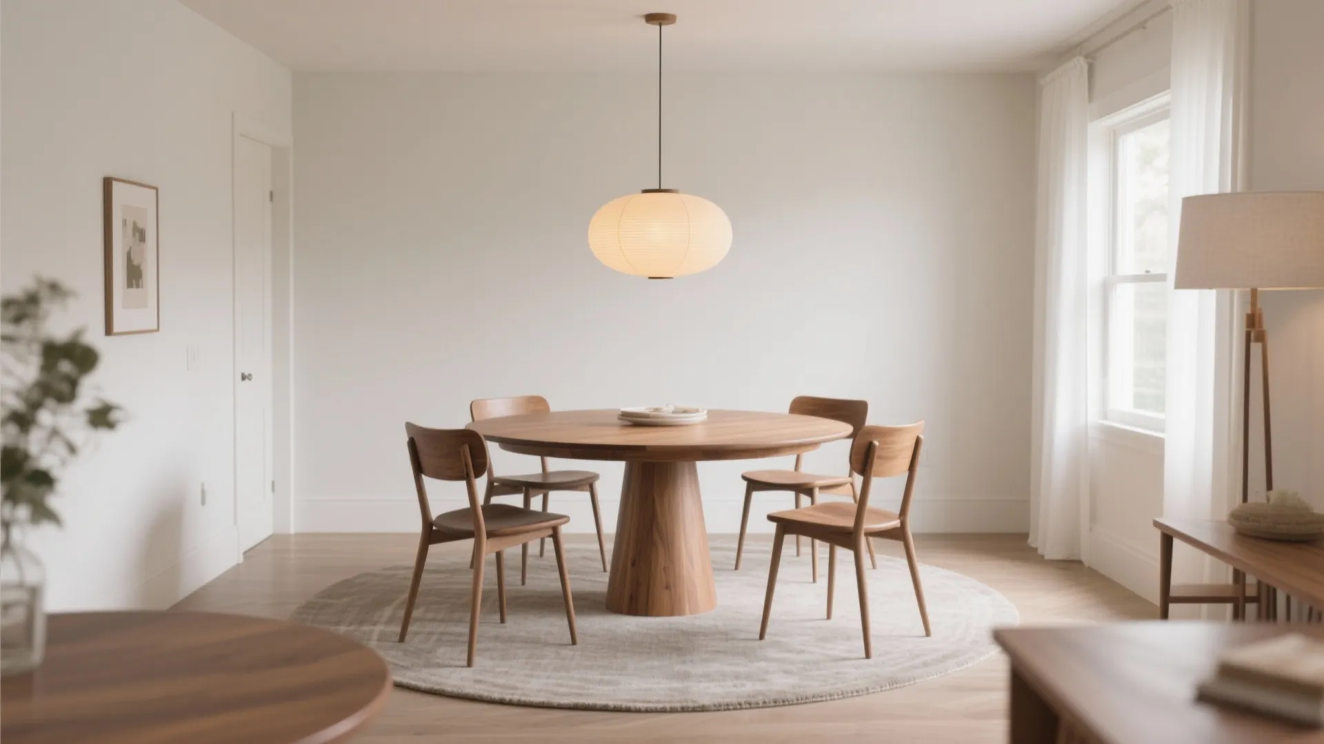 Minimalist dining room with round wood table, four chairs, floor rug, and paper ceiling light