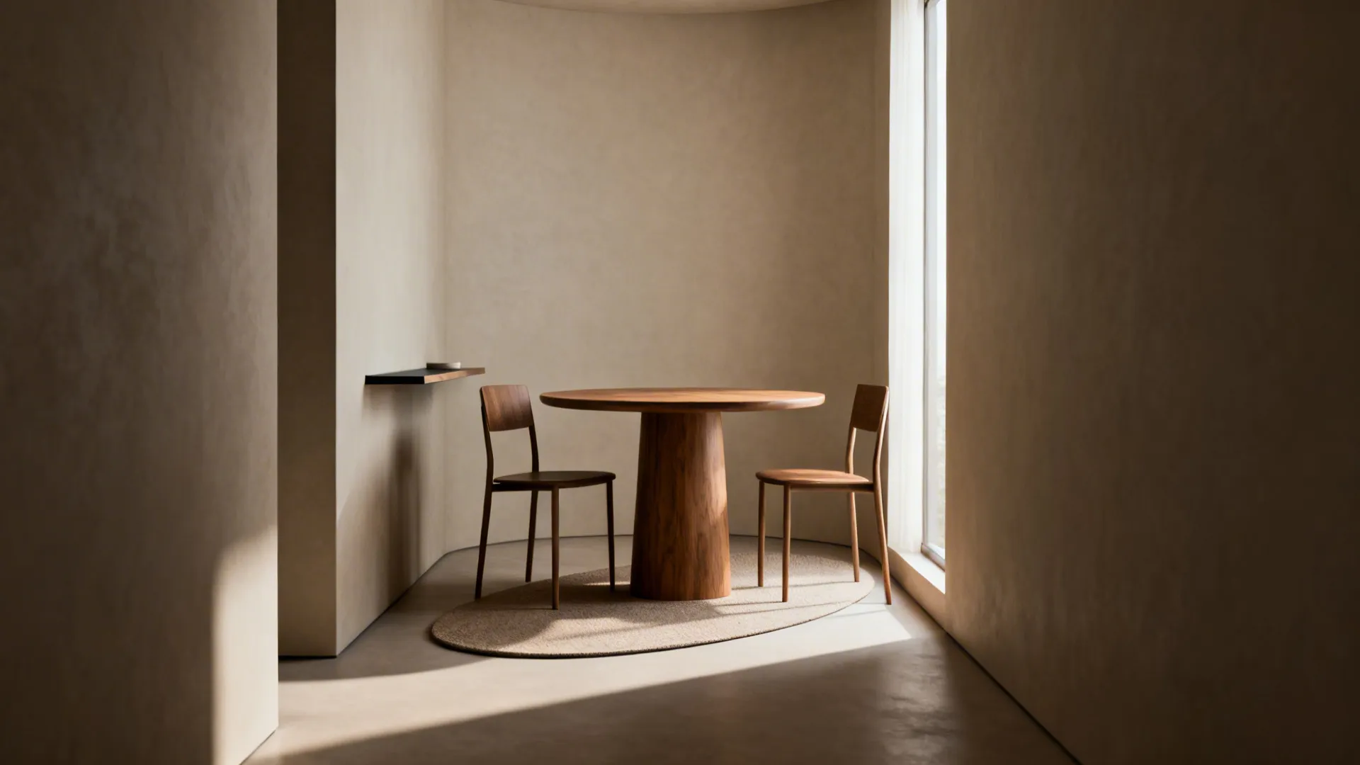 Small dining nook with a round oak table and slim seating showing clear circulation