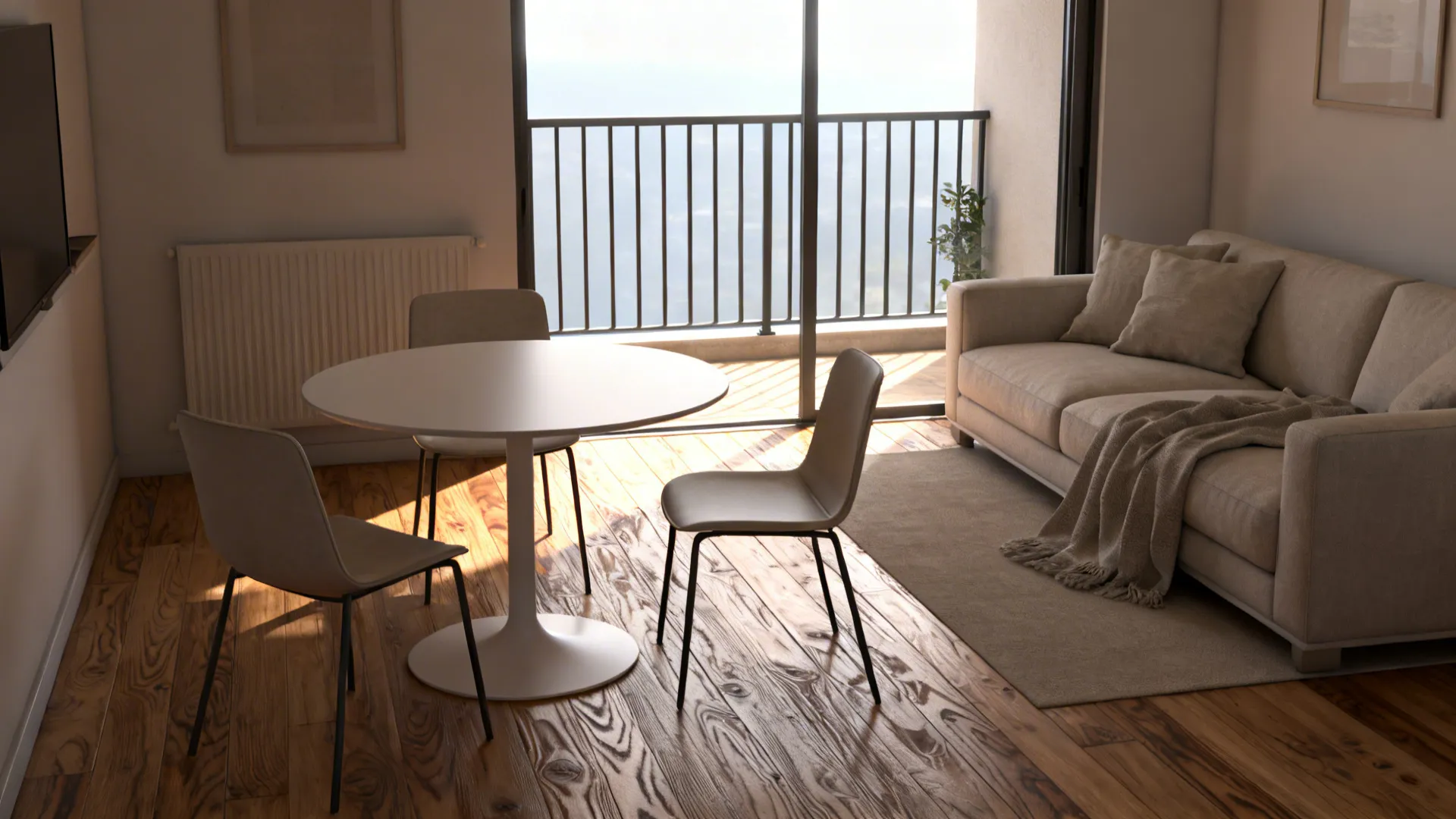 Round table in an open-plan living room creating a clear flow between sofa and balcony