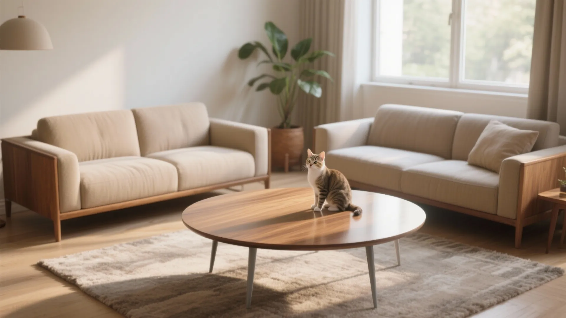 Small cat sitting on a round wooden coffee table between two beige sofas and plants