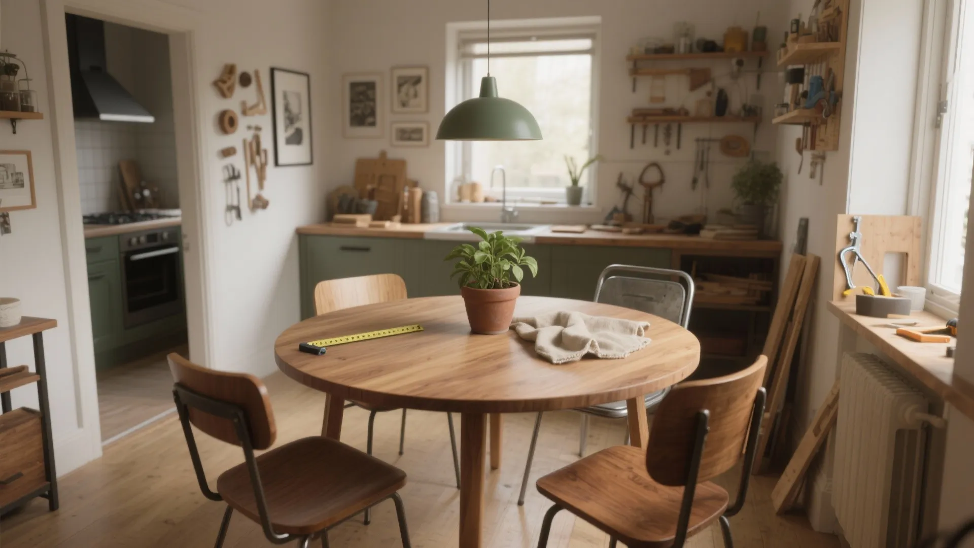 Wooden round dining table with green plant and tape measure in a cozy rustic kitchen