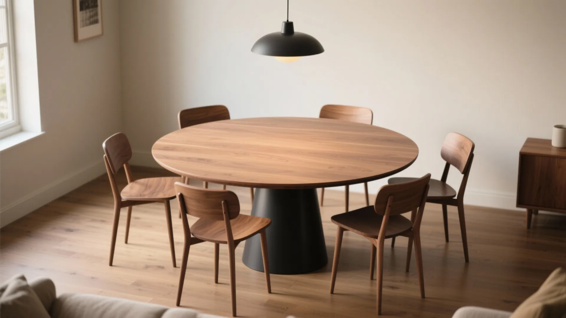 Round wooden dining table with matching chairs under black ceiling light in a minimalist room