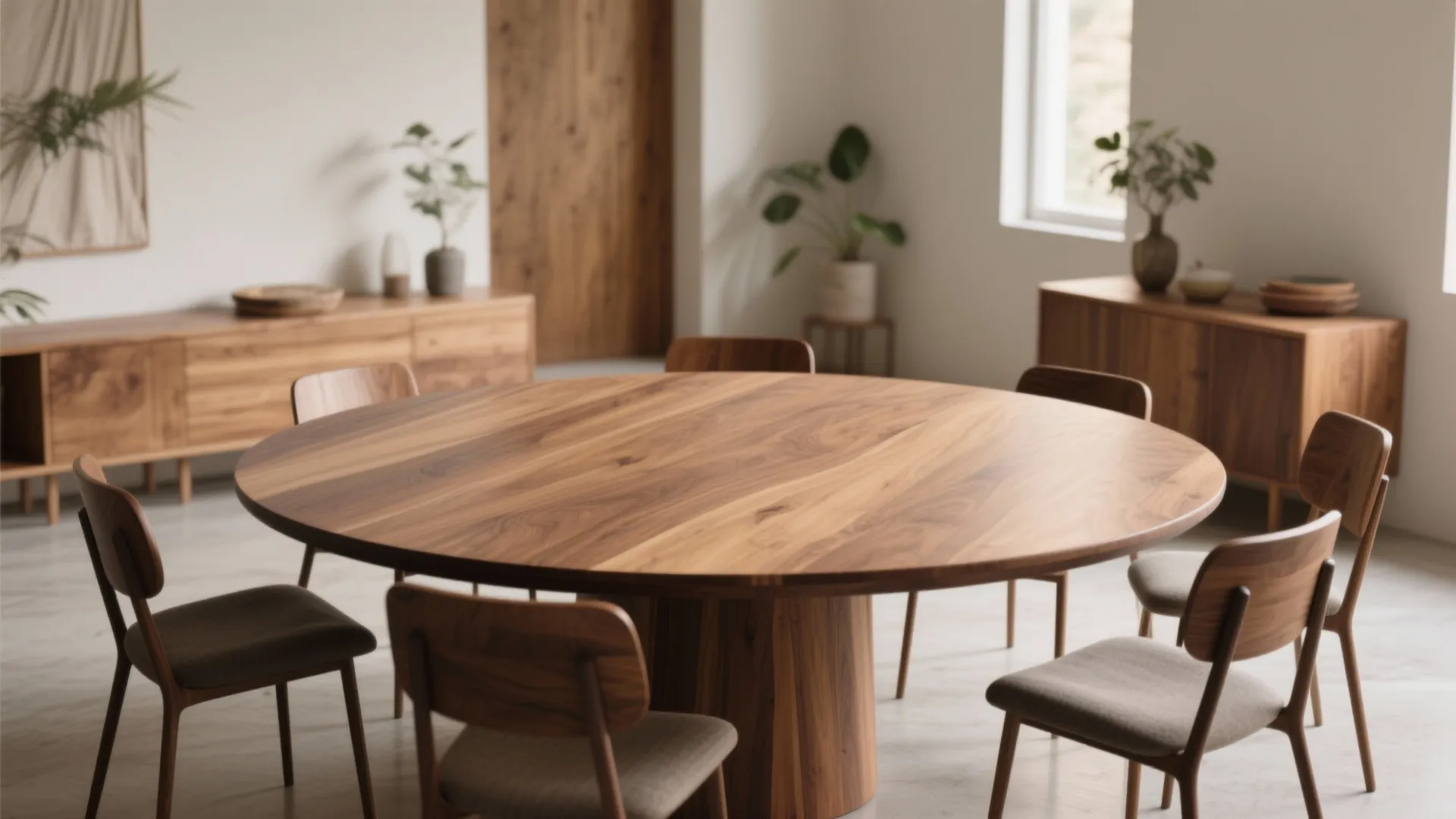 Modern round wooden dining table with matching chairs inside a bright room with wooden cabinets