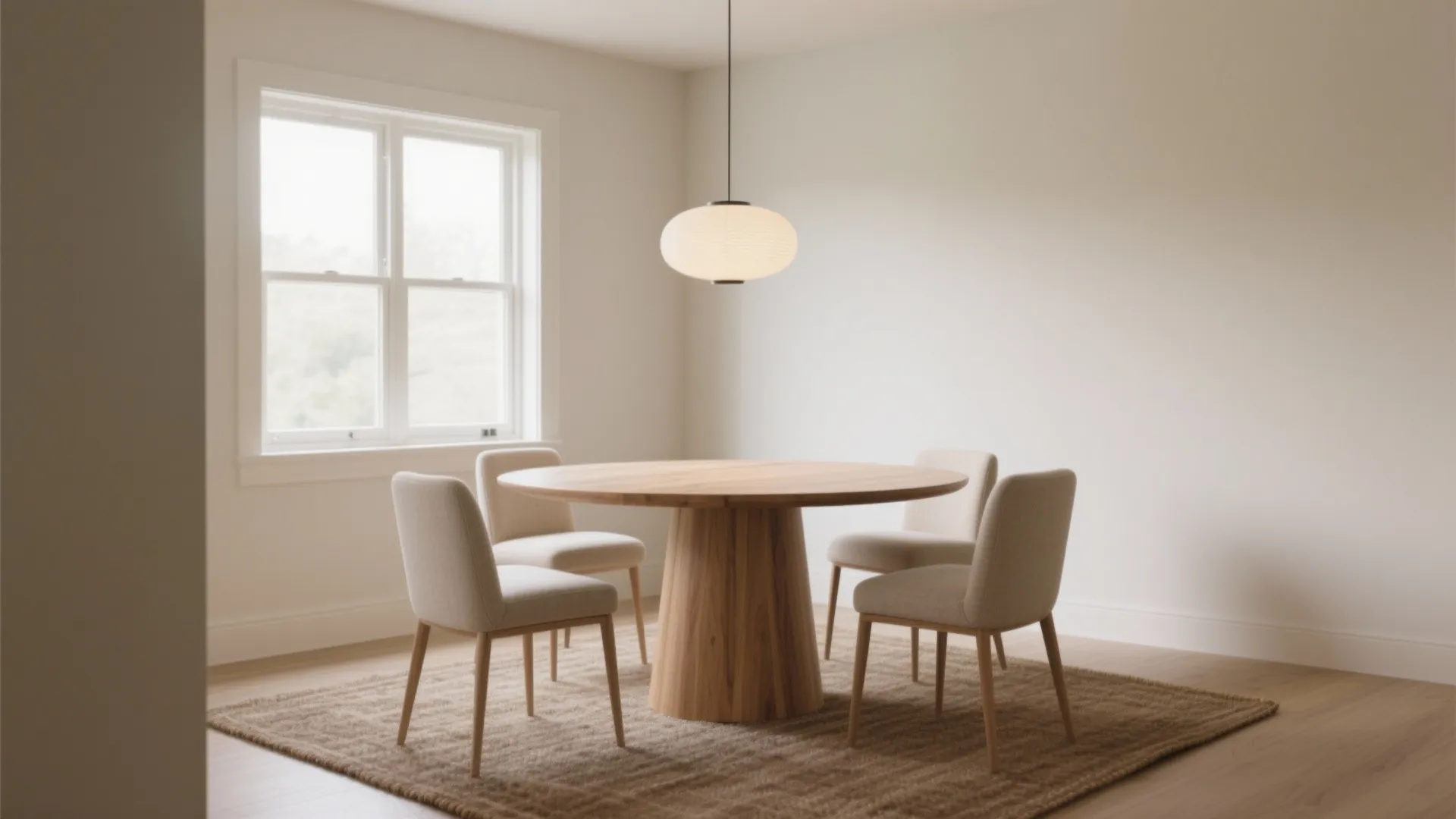 Minimalist dining room with round wooden table four beige chairs brown rug and ceiling light